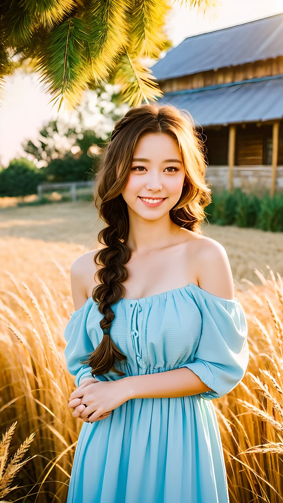 One young girl with braided hair and fluffy cat ears stands in a rustic farm environment, wearing an off-the-shoulder sundress. She has a soft and gentle smile, expressive eyes, and sexy cleavage. And I love kissing. In the background are charming barns, golden wheat fields and clear blue skies. The composition should emphasize the idyllic tranquility, bathed in warm, golden light, with a gentle depth of field and soft bokeh. It captures images as if they were shot on old-fashioned 35mm film to enhance their appeal, watching and seducing viewers.