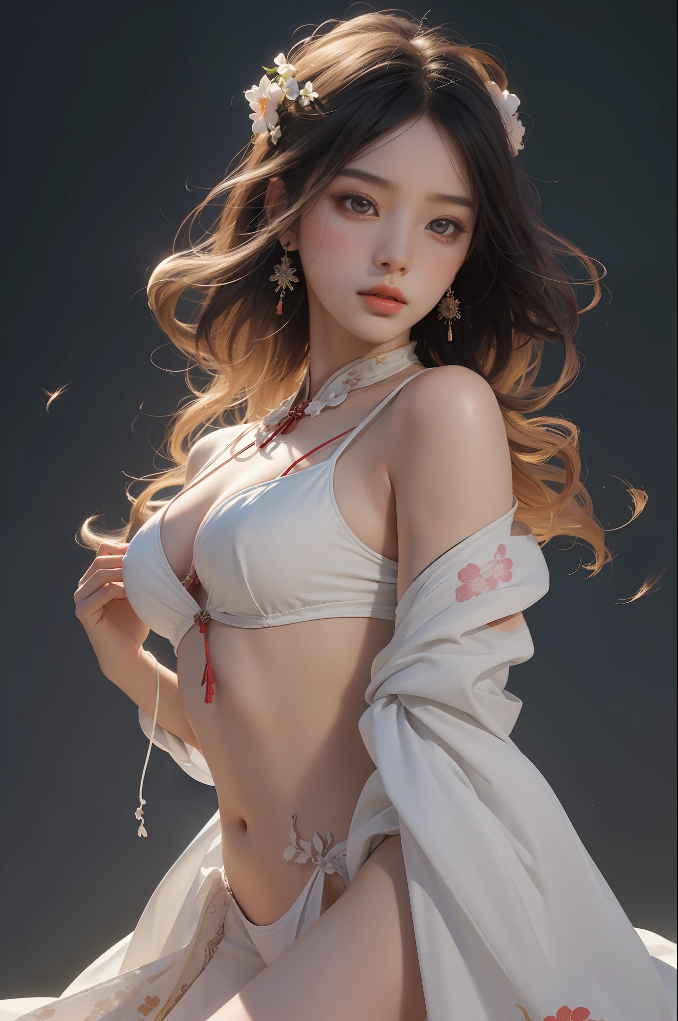 nsfw, zhongfenghua, 1girl, solo, hanfu, ancient_chinese_architecture, flower field, blossom, (white smoke:1.3) (photorealistic:1.4), zentangle, mandala, entangle, official art, unity 8k wallpaper, ultra detailed, beautiful and aesthetic, masterpiece,best quality, (dynamic angle:1.4), glowing skin, (floating colorful sparkles:1) the most beautiful form of chaos, elegant, a brutalist designed, vivid colours, romanticism depth of field exotic_dance, half_naked