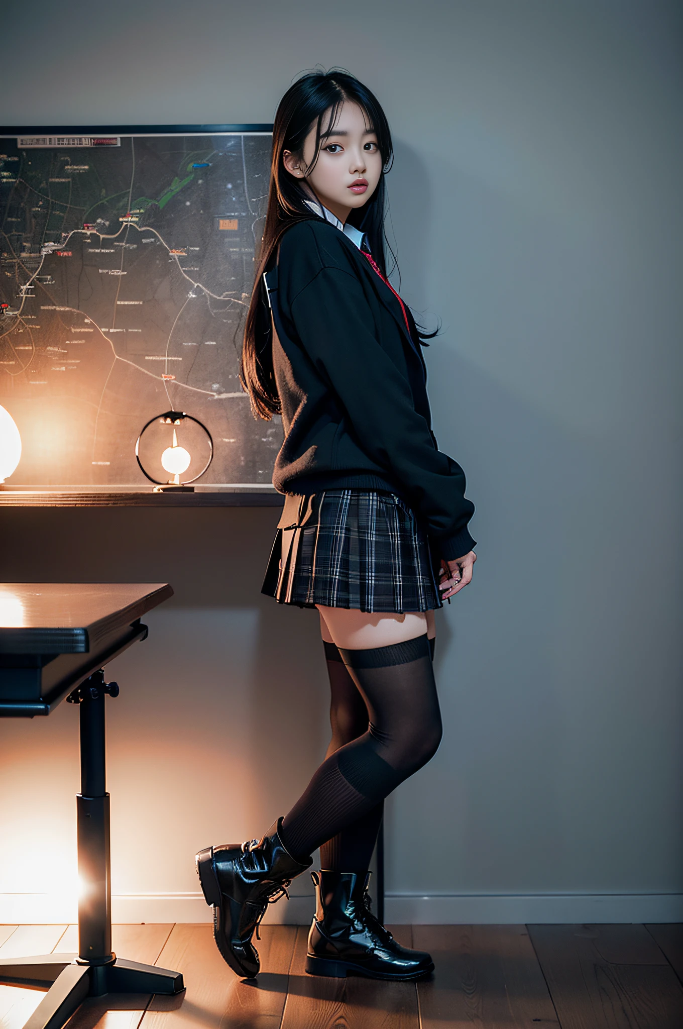 ((Black High Socks)), (8k, Best Quality, Masterpiece: 1.2), (Realistic, Photorealistic: 1.37), Ultra Detail, Best Quality, Ultra High Resolution, Professional Lighting, Photon Mapping, Radiosity, Physically Based Rendering, Cinematic Lighting, Aged Classroom, Depth of Field, Focusing, Moonlight, Good Composition, (Bokeh: 1.2), 1 Girl, (Full Body ),(Mouth Closed),Beautiful Eyes,Pose,Constriction,High School Girl Uniform,Black Hair,Unkempt Hair,Long Hair Fluttering in the Wind,(ulzzang-6500:1.2) mix4, hiqcgbody