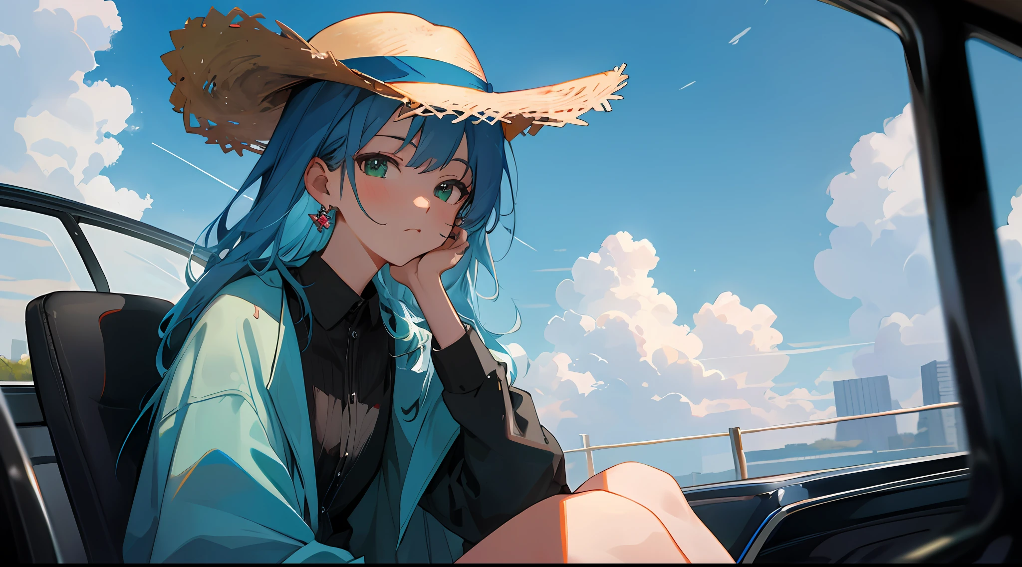 medium shot, medium shot, depth of field, bust, upper body, cinematic angle, masterpiece, best quality, super detailed, CG, 8K wallpaper, pretty face, delicate eyes, a girl, solo, blue hair, straw hat, green eyes, earrings, jacket, looking to the side, black shirt, blue shorts, mouth closed, sitting, cloudy, sky, sky, blue sky, sitting on the roof of the car,