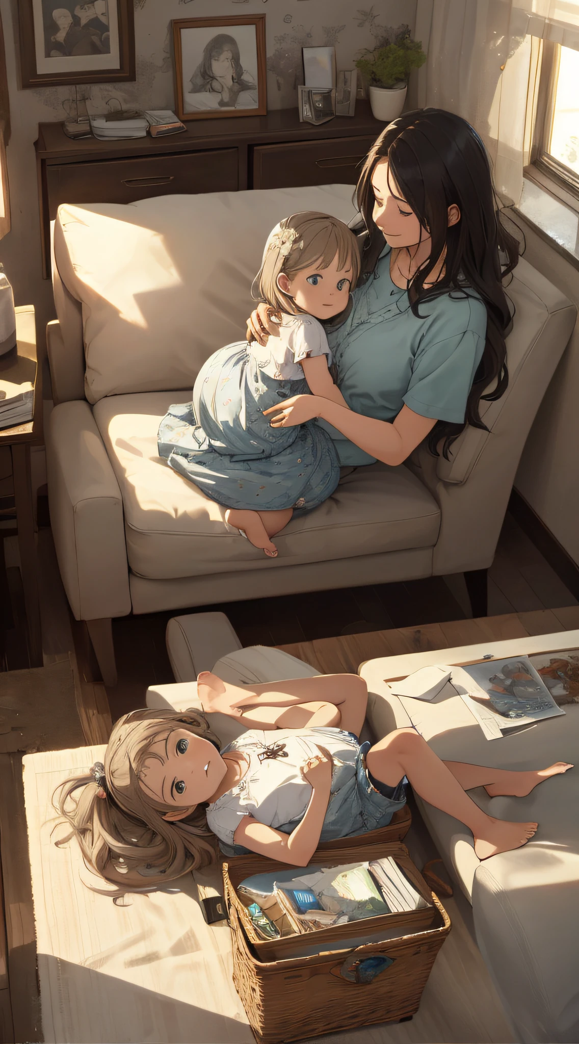 Realistic, (best quality, masterpiece: 1.3), (mother, child: 1.2), living room