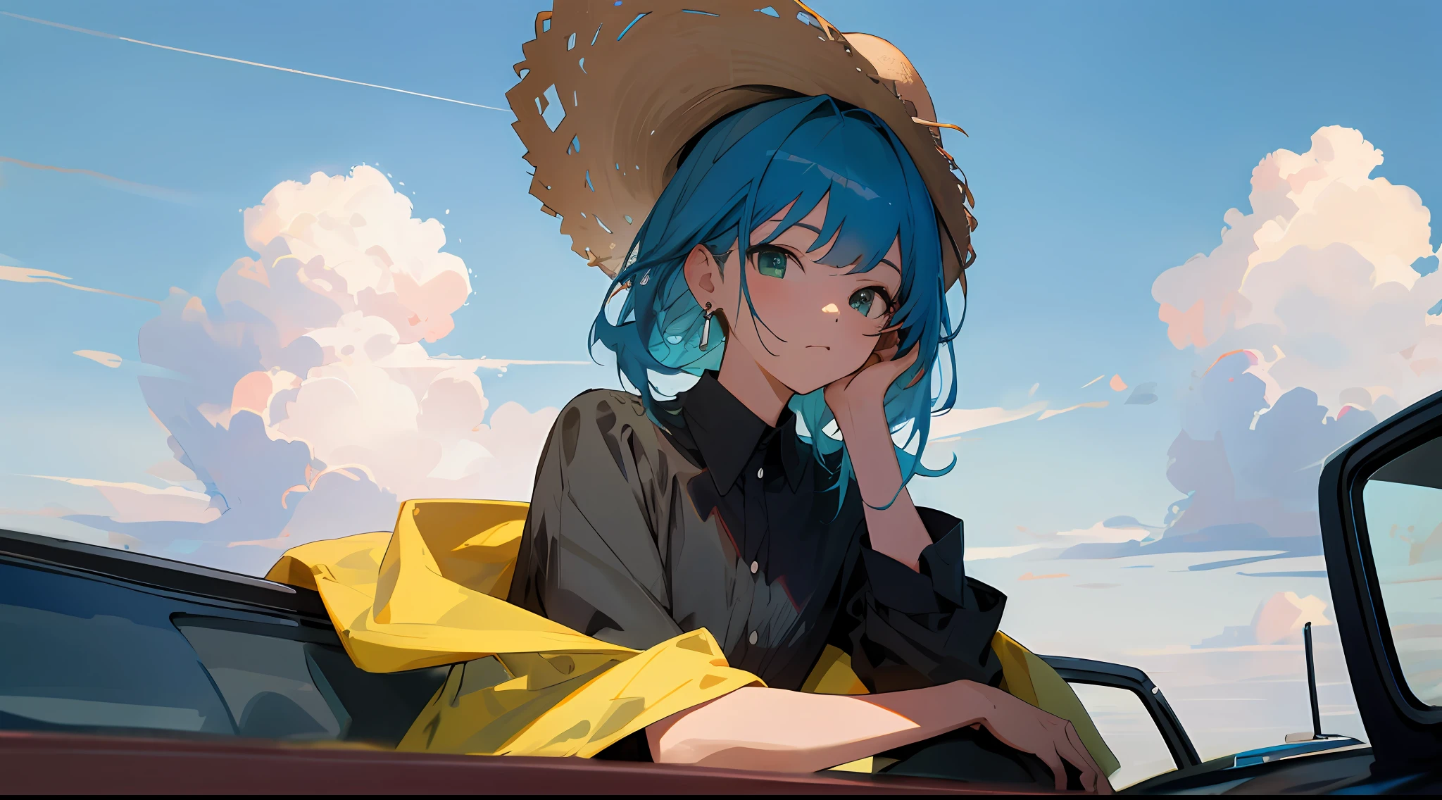 medium shot, medium shot, depth of field, bust, upper body, cinematic angle, masterpiece, best quality, super detailed, CG, 8K wallpaper, pretty face, delicate eyes, a girl, solo, blue hair, straw hat, green eyes, earrings, jacket, looking to the side, black shirt, blue shorts, mouth closed, sitting, cloudy, sky, sky, blue sky, sitting on the roof of the car,