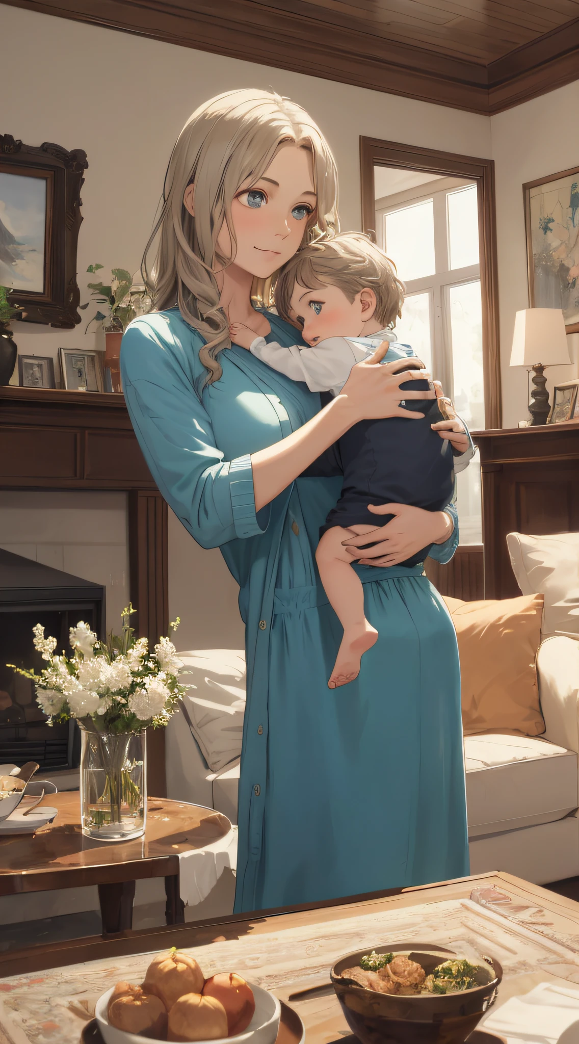 Realistic, (best quality, masterpiece: 1.3), (mother, child: 1.2), living room