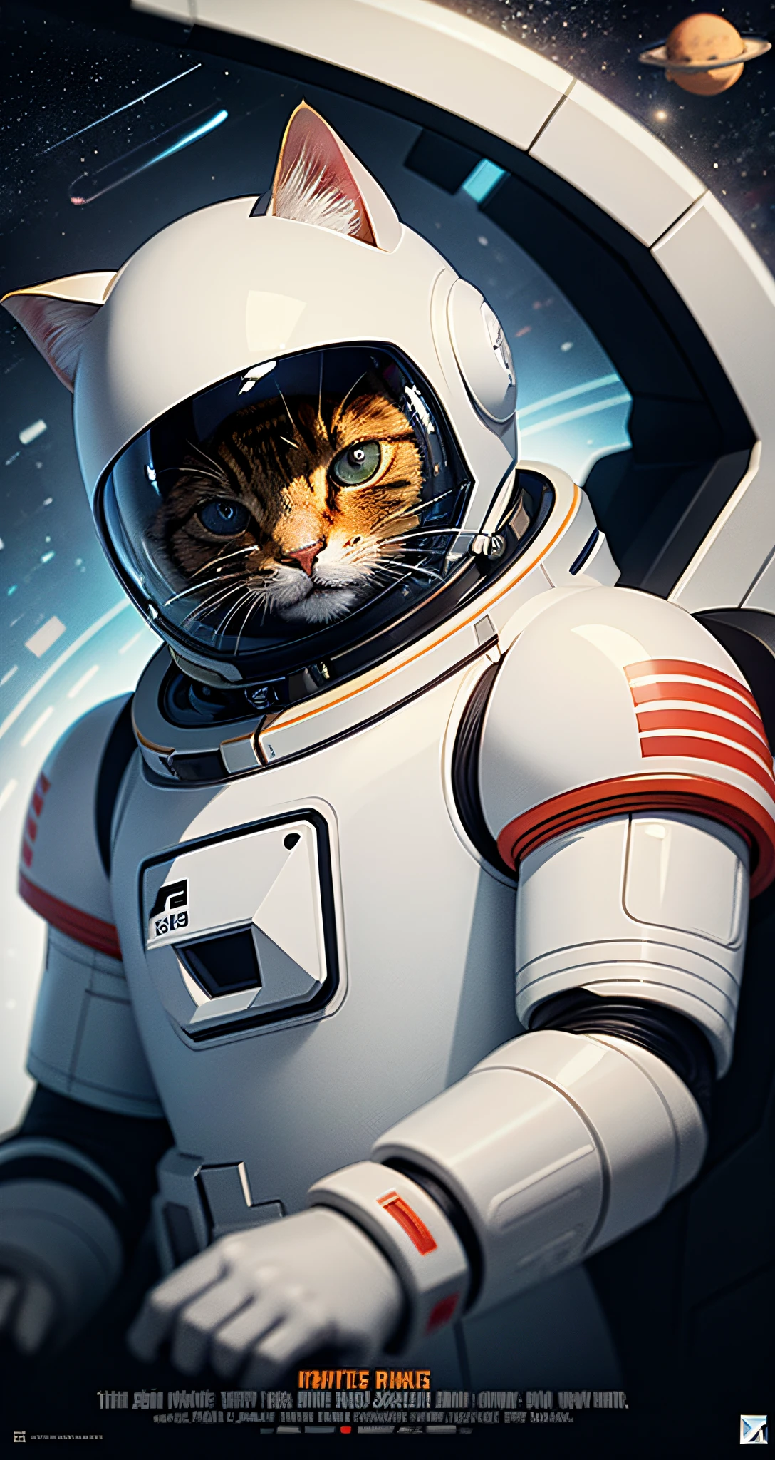 masterpiece, best quality, 1cat in a space suit, headshot, space thriller movie poster, Bauhaus, shapes, lines, abstract