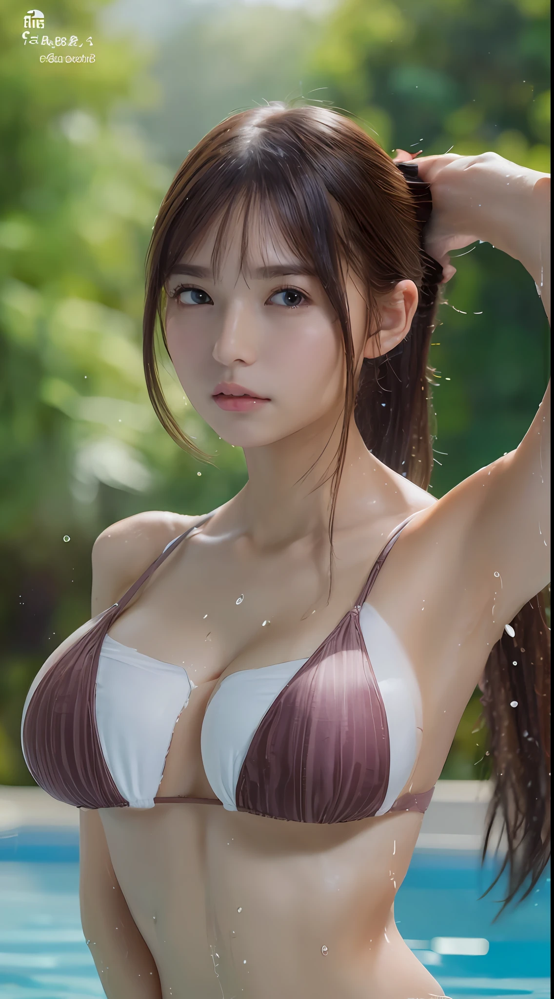 ((Best quality, 8k, Masterpiece :1.3)), 1girl, Pretty woman with emphasizing slender abs :1.3, (Dark brown hair, Ponytail, Huge breasts :1.2), Wet body:1.2, Pool, Ultra-detailed face, Detailed eyes, Double eyelid