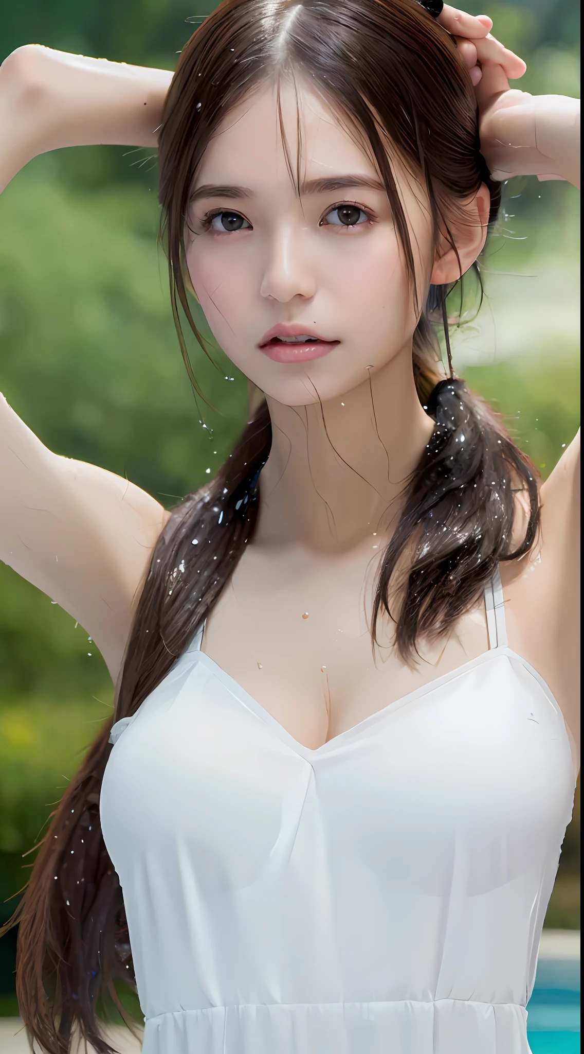 ((Best quality, 8k, Masterpiece :1.3)), 1girl, Pretty woman with emphasizing slender abs :1.3, (Dark brown hair, Ponytail, Huge breasts :1.2), Wet body:1.2, Pool, Ultra-detailed face, Detailed eyes, Double eyelid