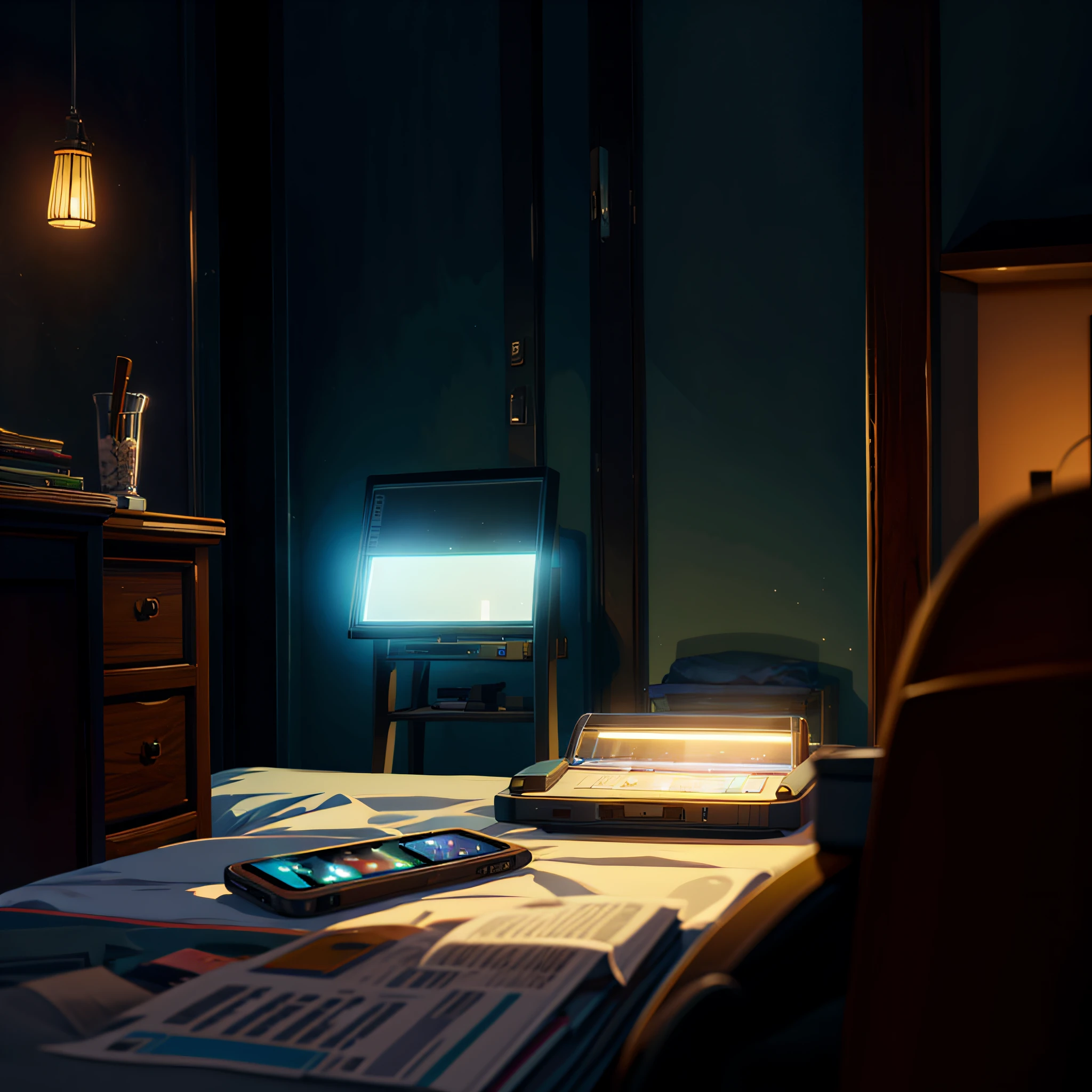 Phone close-up (on table), bright screen, room (no lights on), dark night