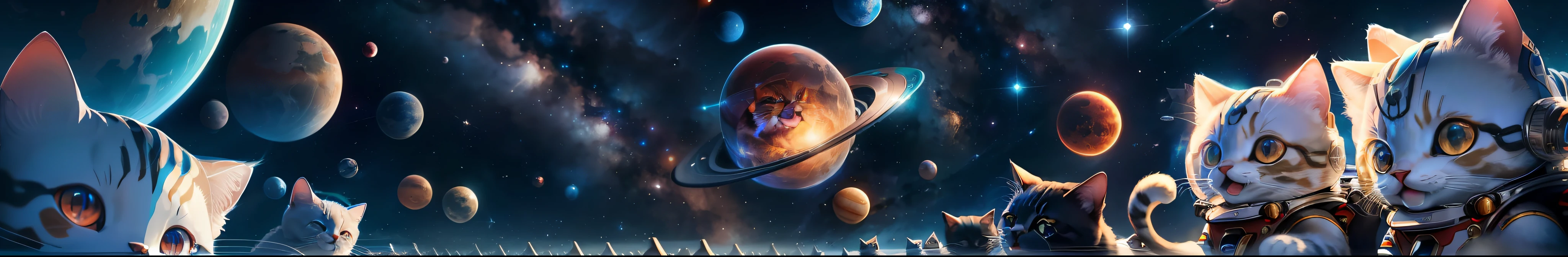 CG rendering of delicate scene, many cats, full character, big red eyes,wearing astronomy spacesuit and helmet, floating in blue sky by many planets, extremely detailed,  ultra-wide shot, best quality, highres, Logo, a big cat open open mouth, high resolution, Detail, perfect face
