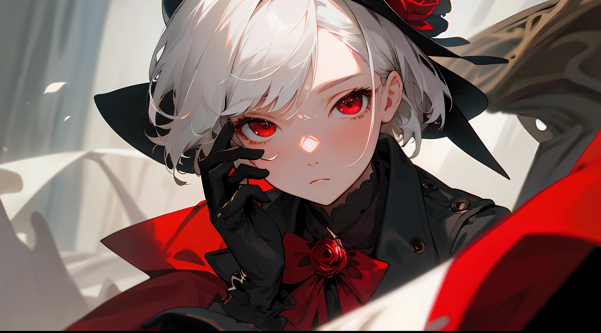 Medium shot, medium shot, depth of field, bust, upper body, cinematic angle, masterpiece, best quality, super detailed, CG, 8K wallpaper, pretty face, delicate eyes, a maiden, solo, white hair, short straight hair, red eyes, expressionless face, red rose, black gloves, trench coat, suit, brooch, black suit cap