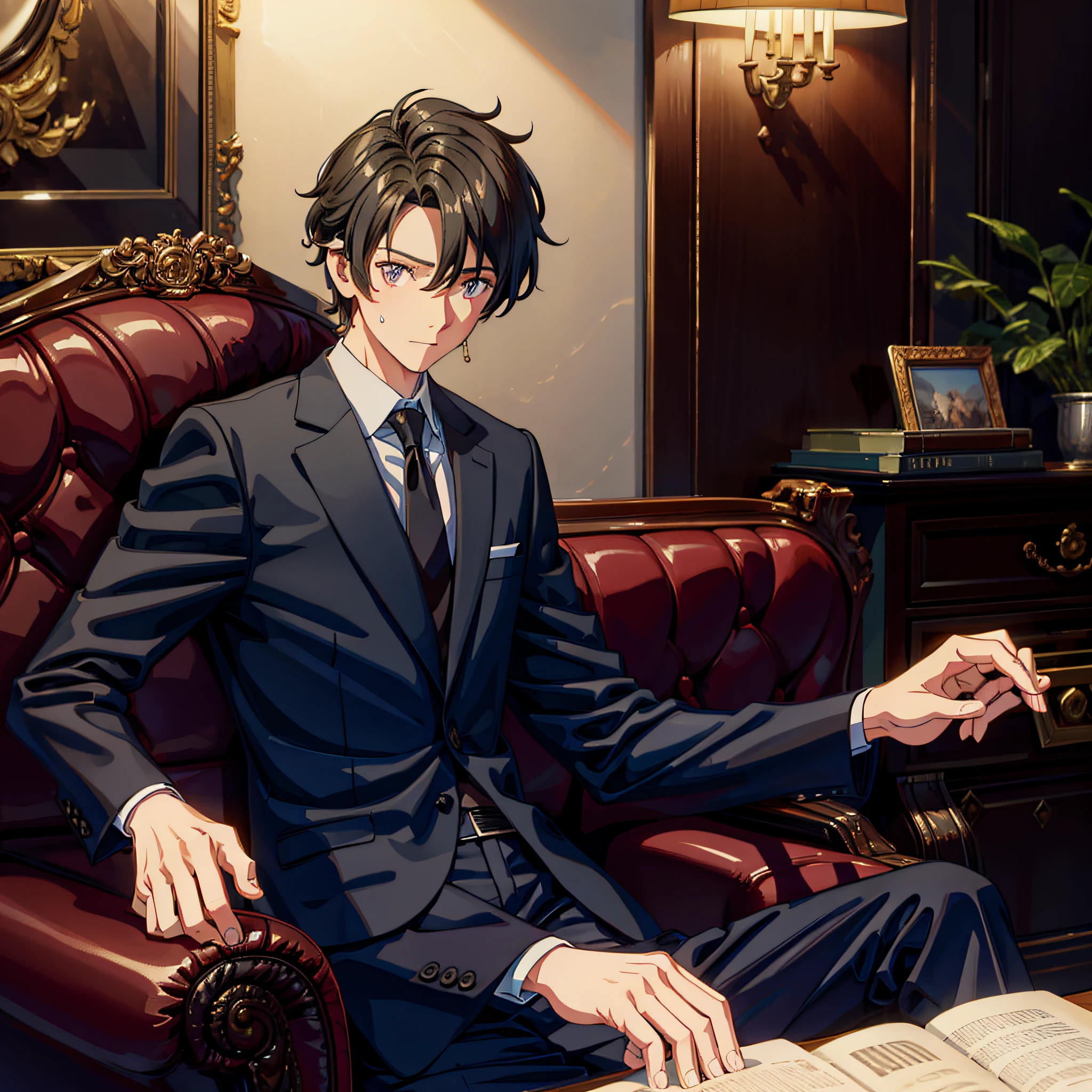 Male, short black hair, fine eyes, suit, sitting on sofa, villa scene, sweating, surprised