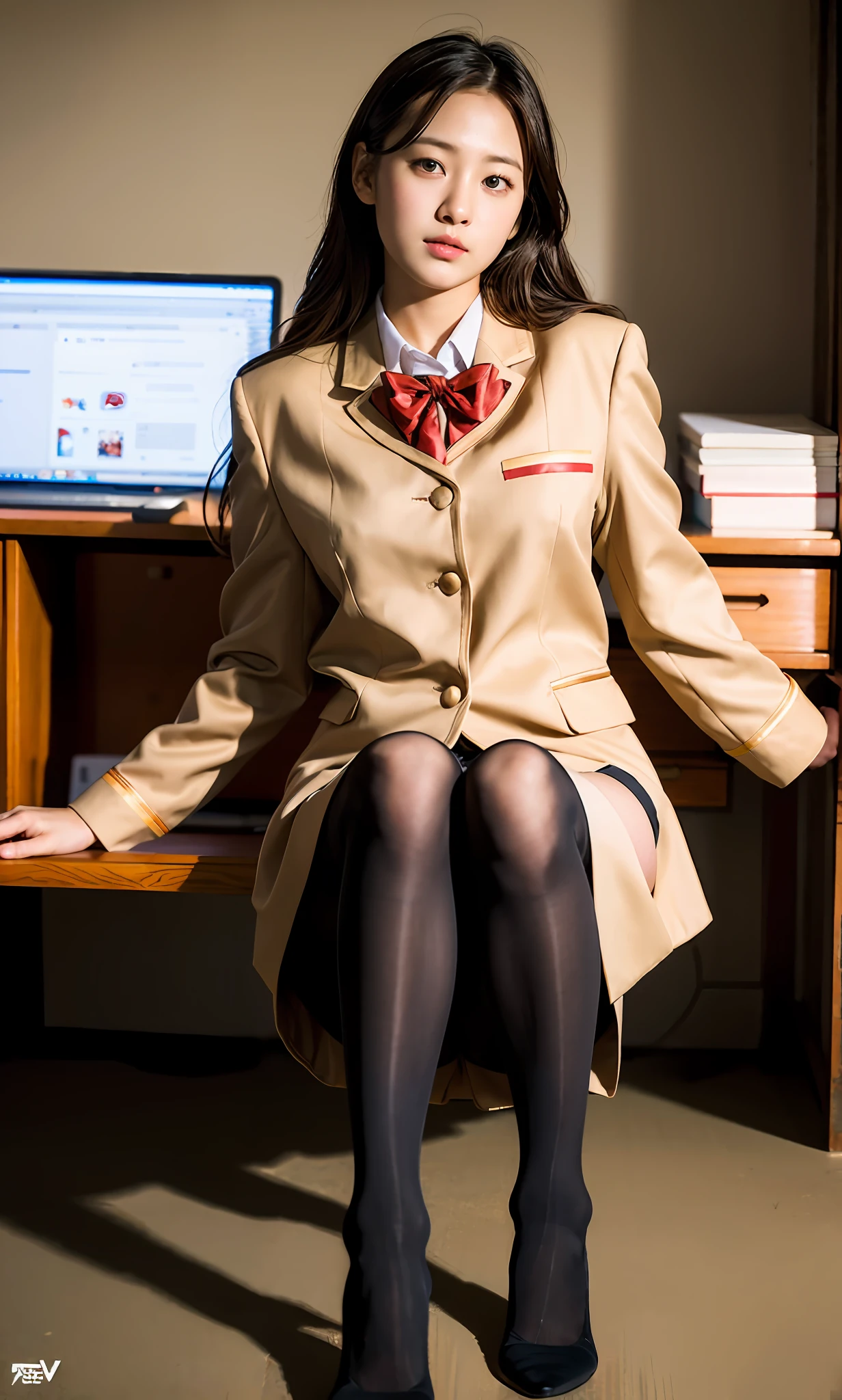 ulzzang-6500-v1.1, (raw photo:1.2), (photorealistic:1.4), beautiful detailed girl, very detailed eyes and face, beautiful detailed eyes, ridiculous, incredibly ridiculous, huge file size, super detailed, high resolution, very detailed, best quality, masterpiece, kemomimi, ((Japanese girls' high school uniform)), illustration, very detailed, CG, unified, 8k wallpaper, amazing, Fine details, masterpiece, best quality, very detailed CG uniform 8k wallpaper, light on face, cinematic lighting, 1girl, , ((no panties)), ((dynamic pose))), (camel toe), (half), (pantyhose), (knee-bending leg sitting))