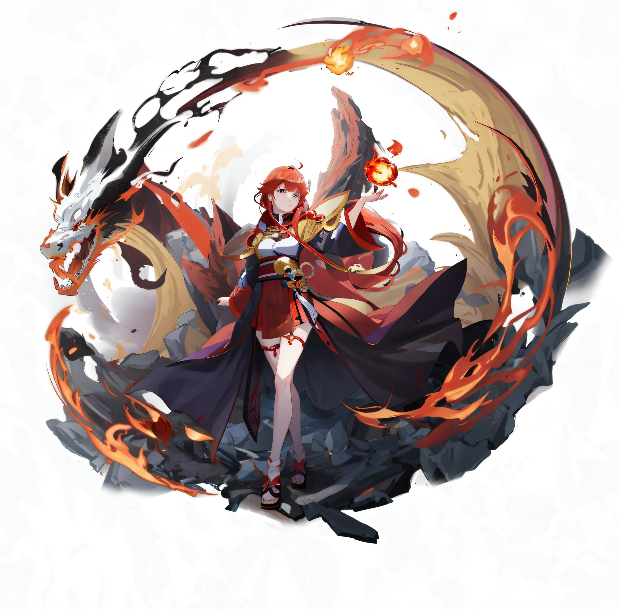 anime girl with red hair and a dragon in a circle, onmyoji detailed art, shadowverse style, fire mage, ayaka genshin impact, by Yang J, official character art, full portrait of elementalist, epic mage girl character, ayaka game genshin impact, cushart krenz key art feminine, onmyoji, anime fantasy illustration