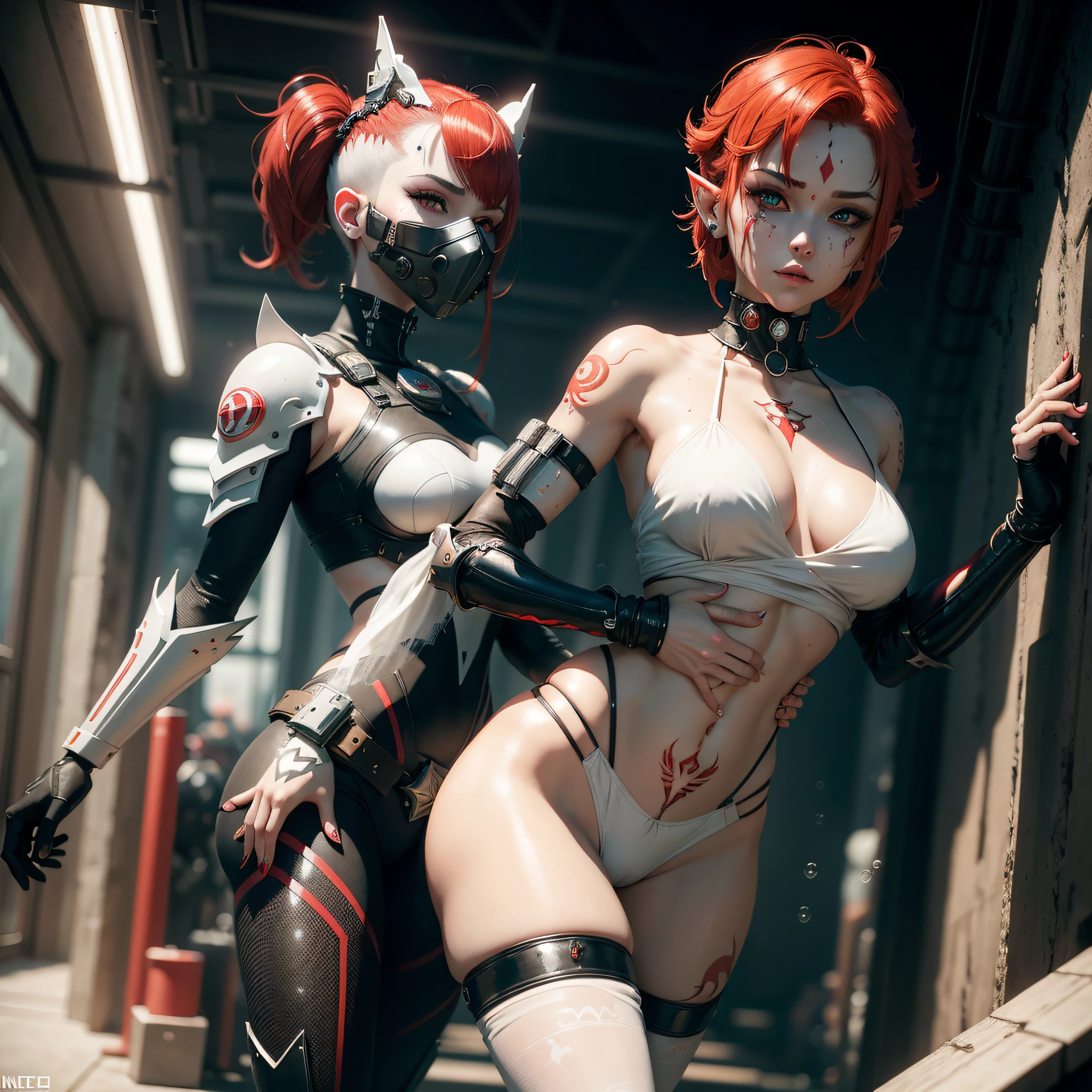 8K, 3D, grimes neofantasy anime CRISPR gene, red short hair, female character, different eye colors, red and white colors, void in background, elfic ears, fantasy, oily bubbles white bubbles, henna tatto in her face color white, mask over mouth nose and chin, cyberpunk inspired, elegant armor, ethereal art