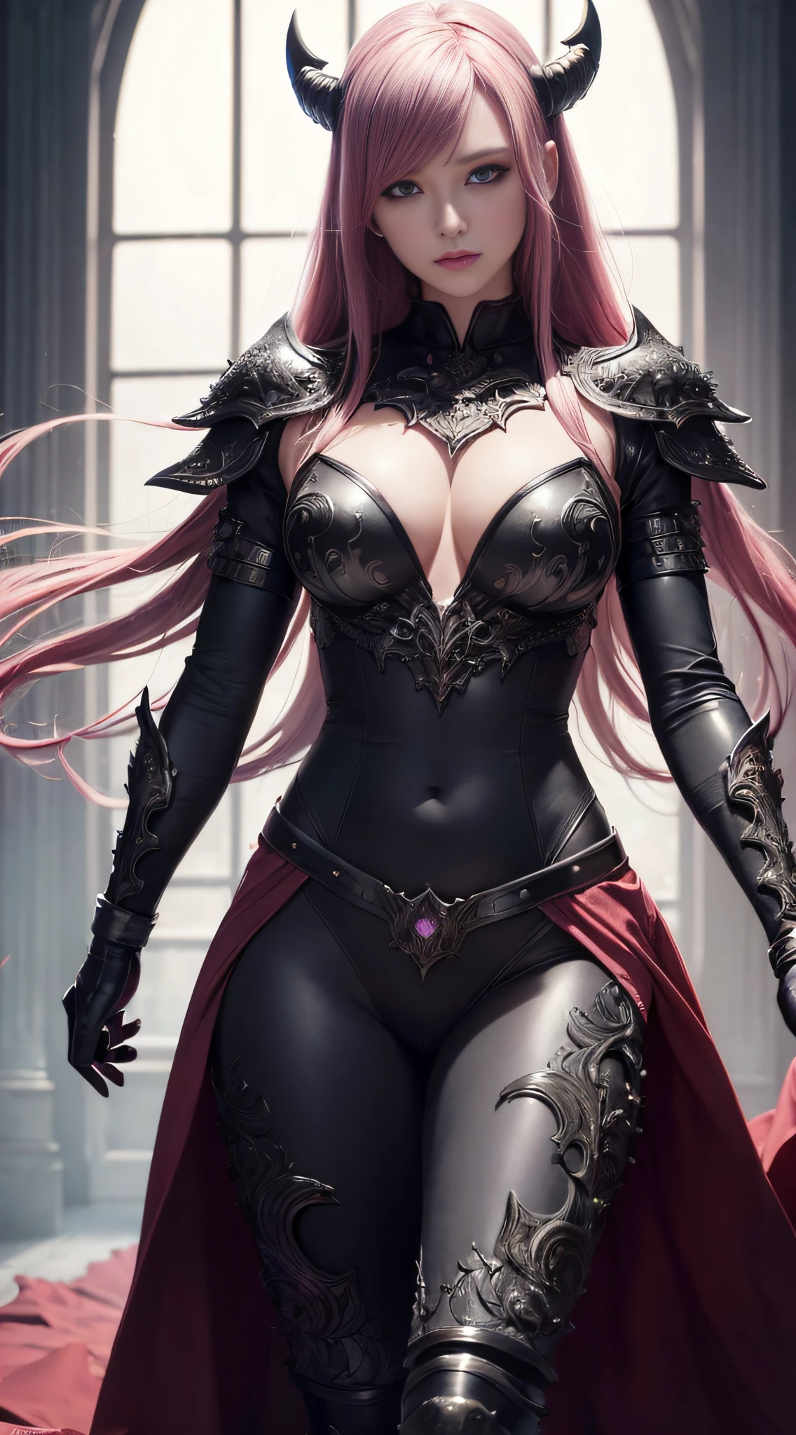 ((Masterpiece, Best Quality)), ((Cinematic Light)), Demon, Mix, Horror, Dark Fantasy, Detailed Armor, (insanely detailed, bloom), Beautiful Detailed Eyes, pink hair, long hair, floating hair, navel,