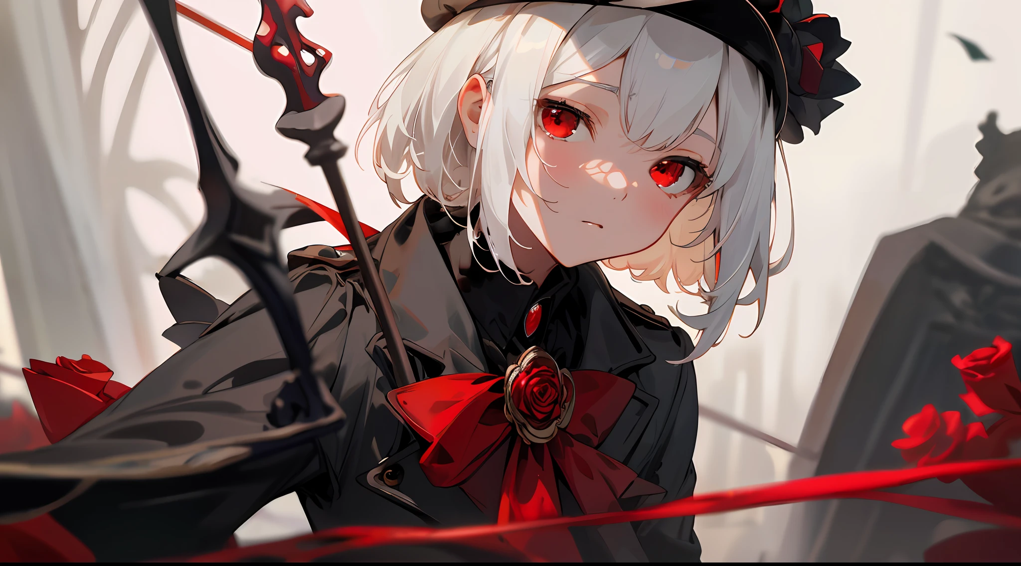 Medium shot, medium shot, depth of field, bust, upper body, cinematic angle, masterpiece, best quality, super detailed, CG, 8K wallpaper, pretty face, delicate eyes, a maiden, solo, white hair, short straight hair, red eyes, expressionless face, red rose, black gloves, trench coat, suit, brooch, black suit cap