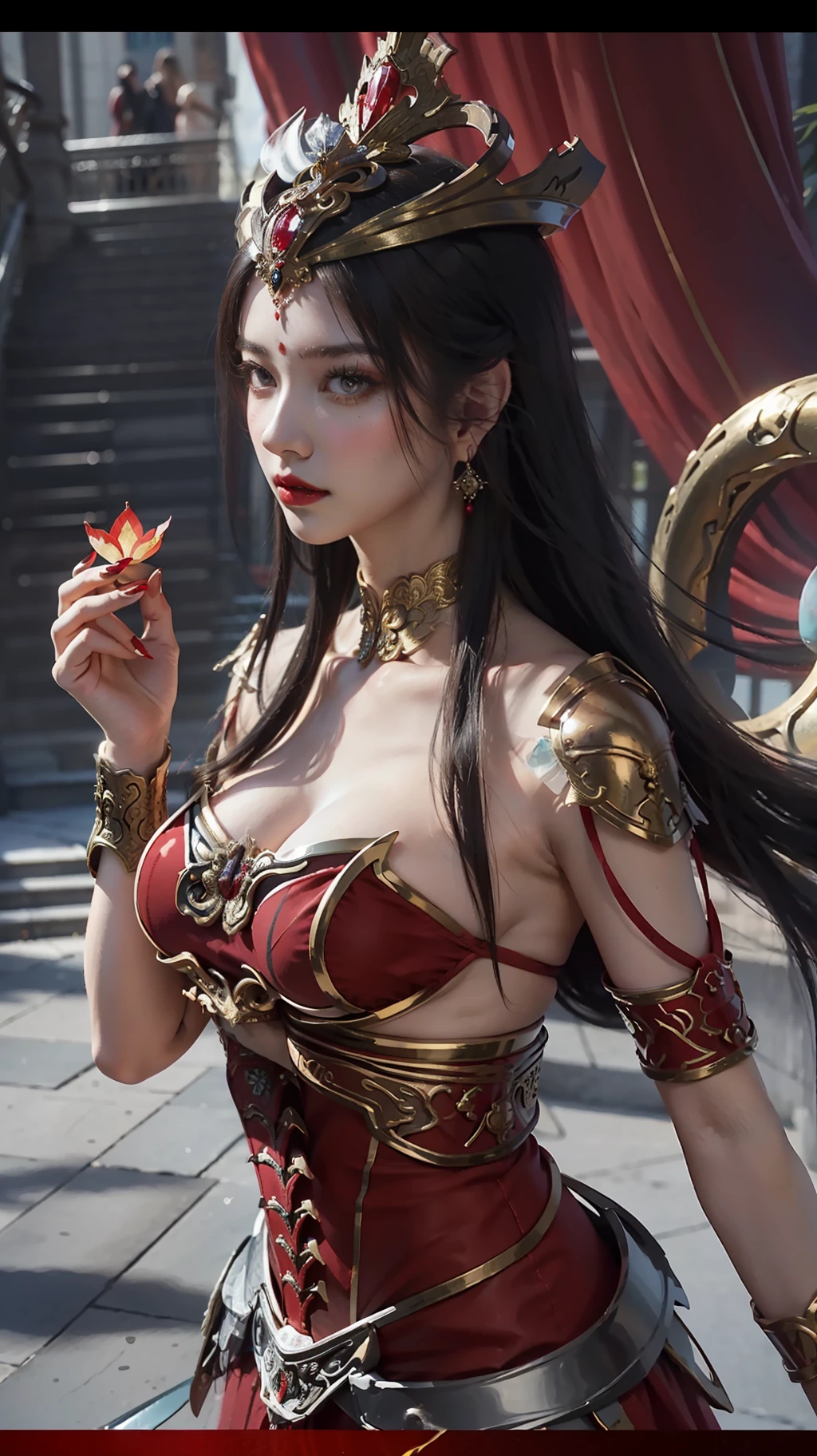 1 beautiful snake goddess, close-up of a woman in red dress, holding an ice lotus in her hand, beautiful fantasy queen, true goddess, inspired by Du Quynh, honest woman attractive beauty, red lips, big and round breasts, sharp eyeliner colored eyes, ornate bikini armor, beautiful warrior woman, aesthetics, aesthetic red painted nails, goddess, woman in red armor, wearing red shoes, beautiful fantasy queen, beautiful rendering of the Tang dynasty, upper body,