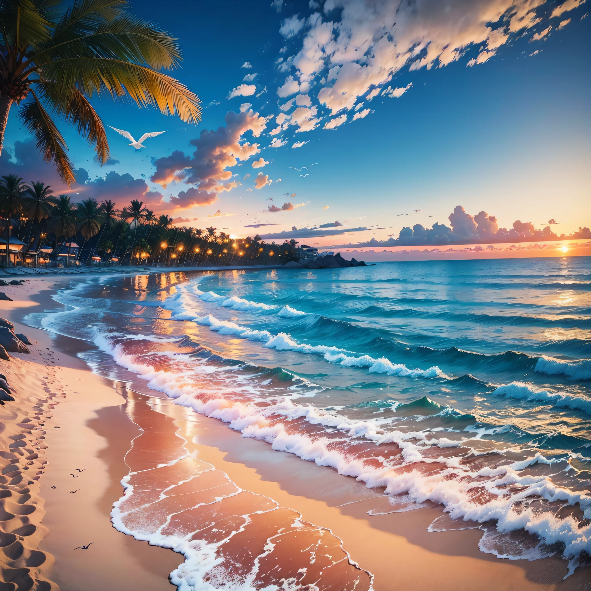 An absolutely mesmerizing sunset on the beach, with a mix of orange, pink, and yellow in the sky. The water is crystal clear, gently kisses the coast, and the white sand is endless. The scene is dynamic and breathtaking, with seagulls soaring high in the sky and palm trees swaying softly. Immerse yourself in the calm atmosphere and let the serenity surround you. --auto --s2