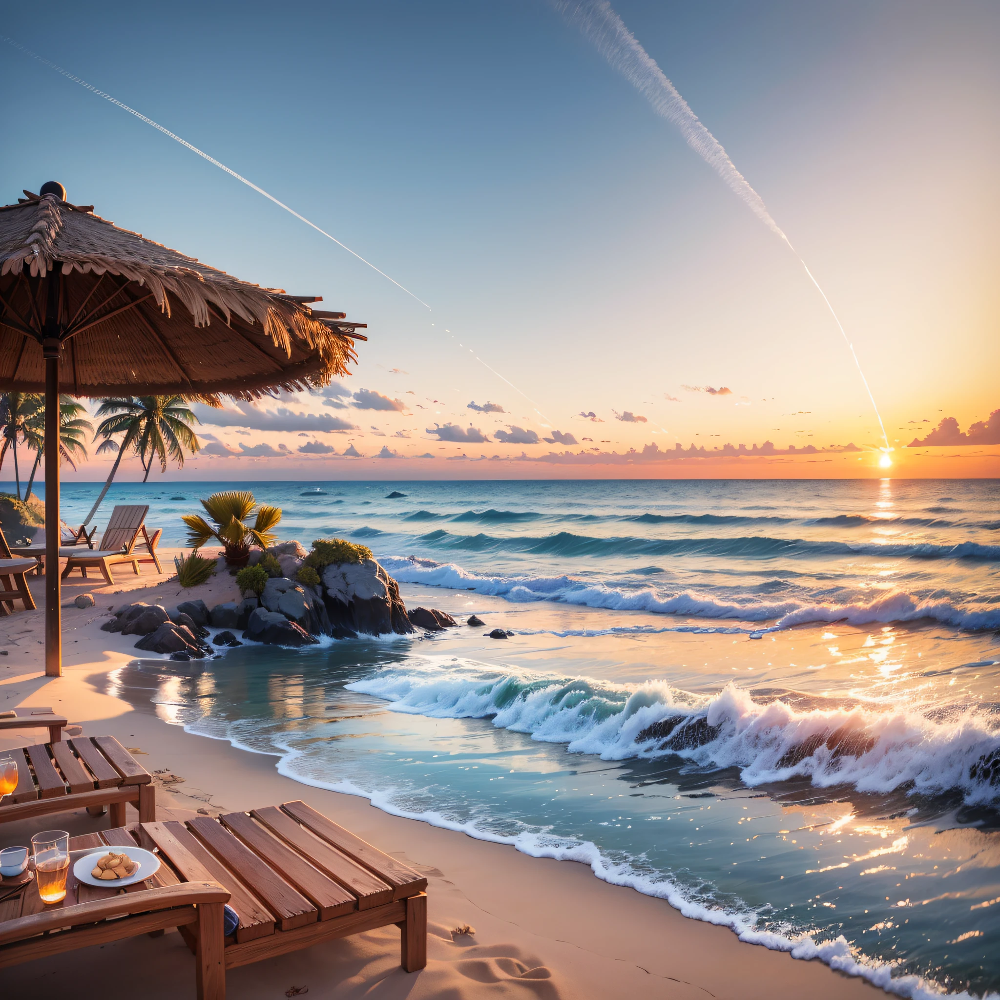 An absolutely mesmerizing sunset on the beach, with a mix of orange, pink, and yellow in the sky. The water is crystal clear, gently kisses the coast, and the white sand is endless. The scene is dynamic and breathtaking, with seagulls soaring high in the sky and palm trees swaying softly. Immerse yourself in the calm atmosphere and let the serenity surround you. --auto --s2