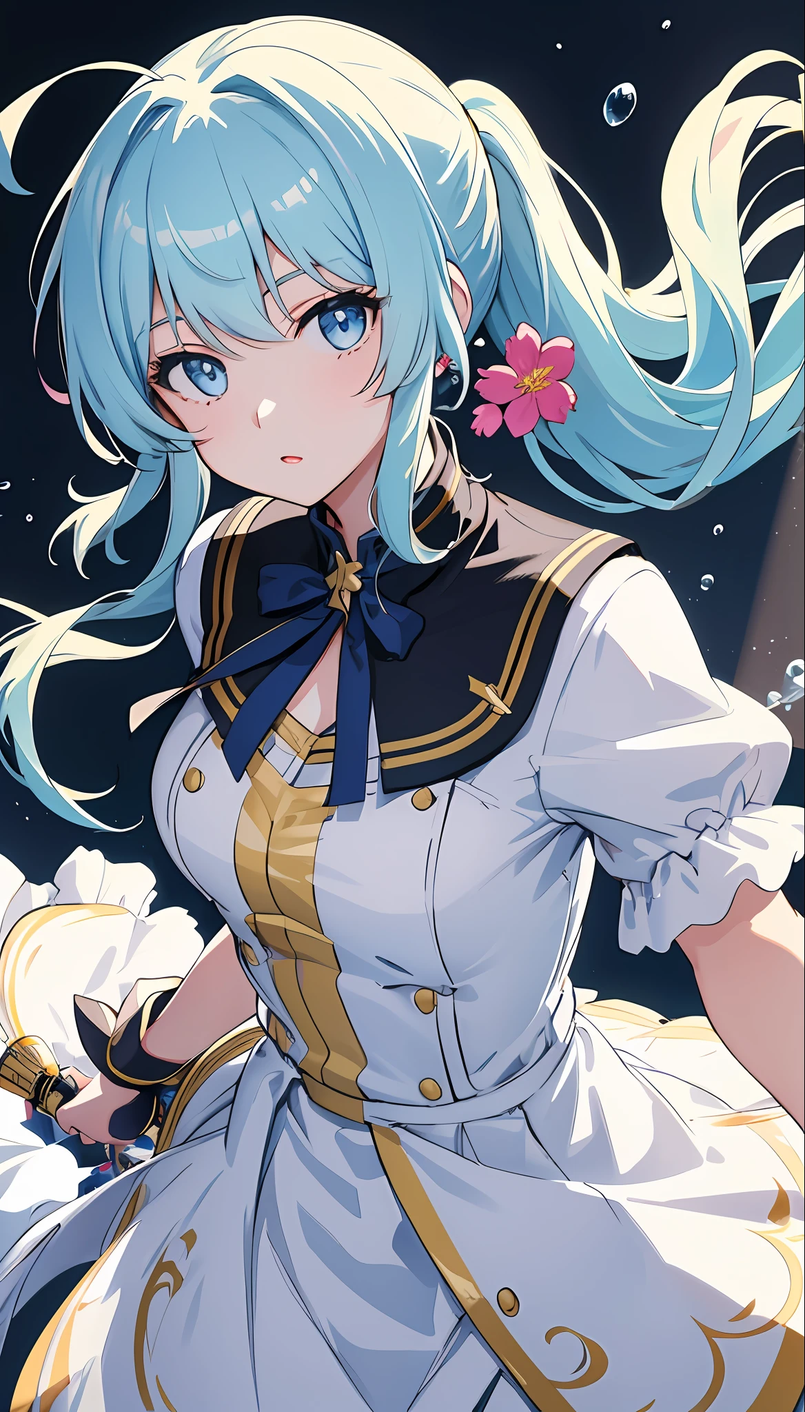 (masterpiece), (best quality), (ultra detailed),(disheveled hair),(illustration), (1girl), (Fashionable clothing), standing, Fashion model, looking at viewer, (interview), (simple background),beautiful detailed eyes, delicate beautiful face, Floating,(high saturation),(colorful splashes),colorful bubble,(shining), focus on face,  ponytail, kamisato ayaka, light blue hair, bangs, hair ring, floating flowers, floating hairs, (shining), best lighting, best shadow,