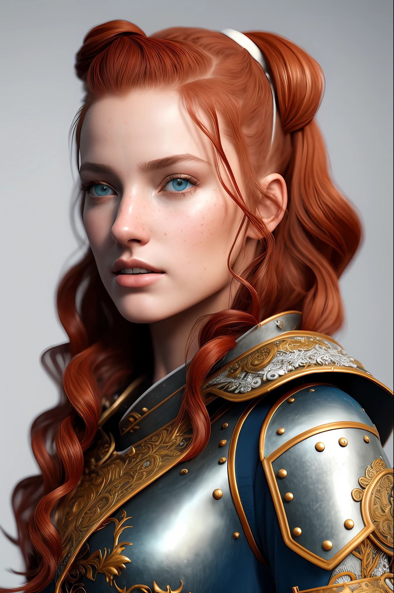 (8k, RAW photo, best quality, masterpiece:1.2), (realistic, photo-realistic:1.4), (extremely detailed CG unity 8k wallpaper), a full body (rogue:1.1) female wearing gold (leather armor:1.3), stiched worn out armor, (insanely detailed:1.5), gold and (white:1.5), Concept art portrait by Greg rutkowski, Artgerm, hyperdetailed intricately detailed gothic art trending on Artstation, fantastical, intricate detail, (small blue highlights:1), (redhead, wavy hair, high ponytail: 1.4)