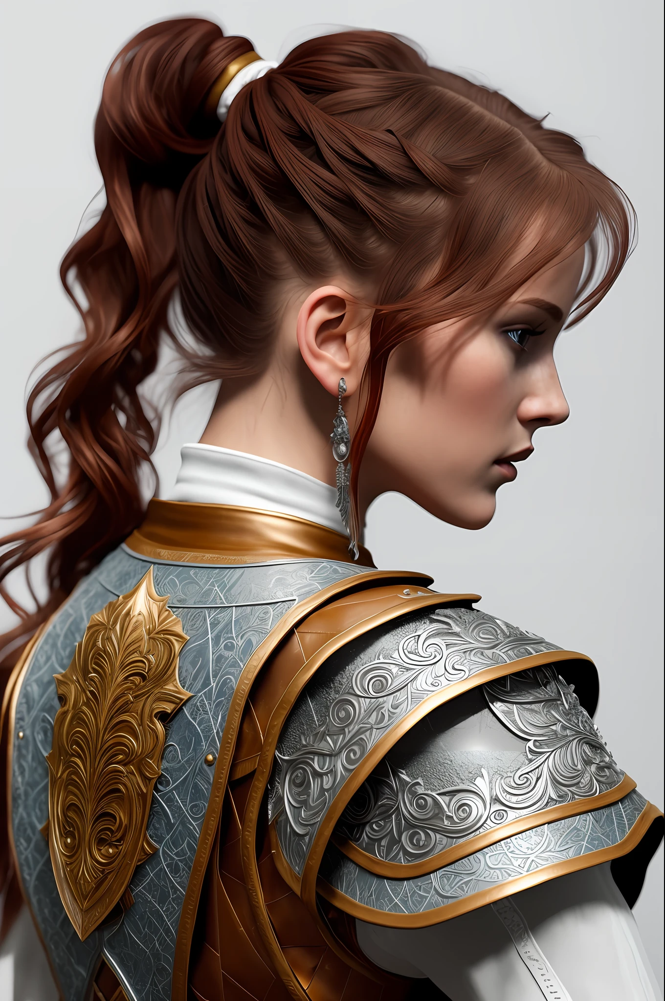 (8k, RAW photo, best quality, masterpiece:1.2), (realistic, photo-realistic:1.4), (extremely detailed CG unity 8k wallpaper), a full body (rogue:1.1) female wearing gold (leather armor:1.3), stiched worn out armor, (insanely detailed:1.5), gold and (white:1.5), Concept art portrait by Greg rutkowski, Artgerm, hyperdetailed intricately detailed gothic art trending on Artstation, fantastical, intricate detail, (small blue highlights:1), (redhead, wavy hair, high ponytail: 1.4)