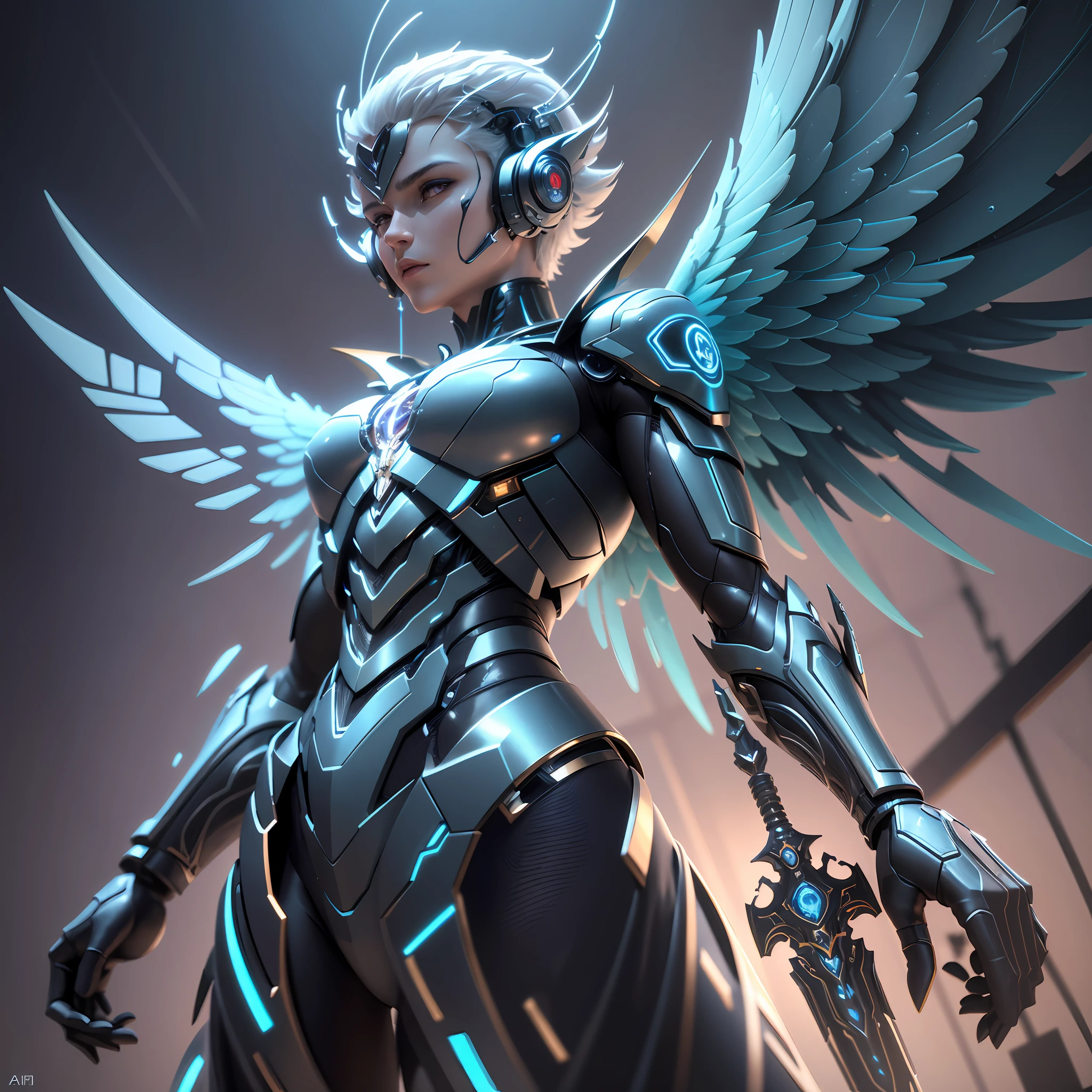 8k, 3d, archangel, futuristic, full detail, mechanical wings, divine expression, transcend, computer, artificial intelligence, mechanical heart with wires, transfer consciousness, fantasy, angel, man, no hair, male character, ultra full hd, details, nice pose, sword --auto --s2