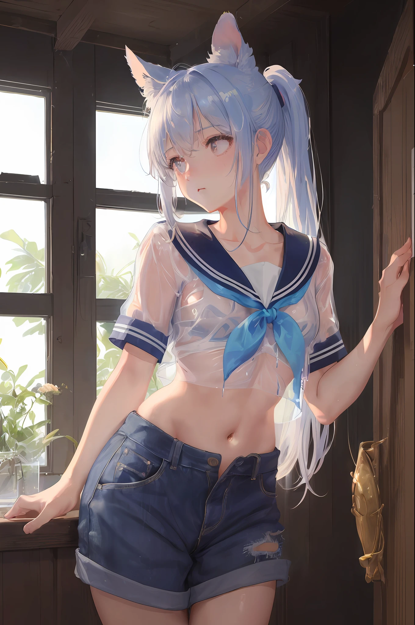 Cornflower Art, Dreamy, (Masterpiece, Top Quality, Perfect Anatomy, Beautiful Face, Realistic, Super Detailed, 1 Girl, 18 Ears Old Man, Solo, Depth of Field, Canon 24mm Lens, F1.4, cute_girl, sailor_ Collar, Clear Facial Features, Short Sleeves, Small, Slender Height, Height 170, Barefoot, Double Ponytail, Bangs, Gravure Pose, Indoors, Slouch, Chest gap jungle, blurred background, (Uwabaki: 1.1576)) whole body, clear liquid dripping from the crotch, the front of the shirt is exposed, breasts are visible, transparent bra, light blue striped buns, erotic, , NSFW movie,