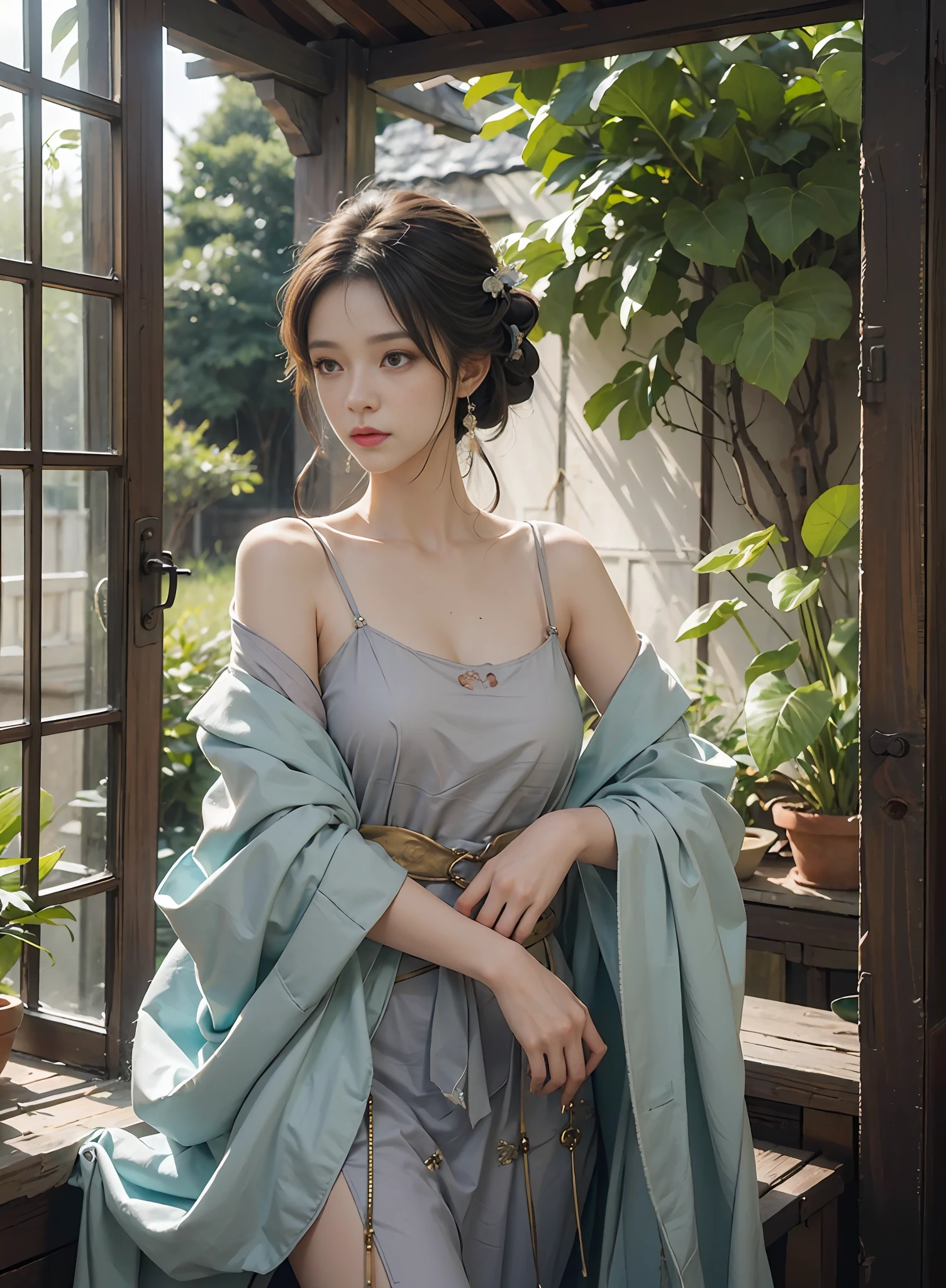 High quality, masterpiece, masterpiece, exquisite facial features, exquisite hair, exquisite eyes, exquisite color hair, 4K picture quality, gorgeous light and shadow, Tyndall effect, halo, messy hair, young state, gorgeous scene, exquisite clothes, chains, feathers, ancient chinese beauty with big eyes very detailed, digital painting, artstation, concept art, sharp focus, illustration, art by greg rutkowski and alphonse mucha and victo ngai