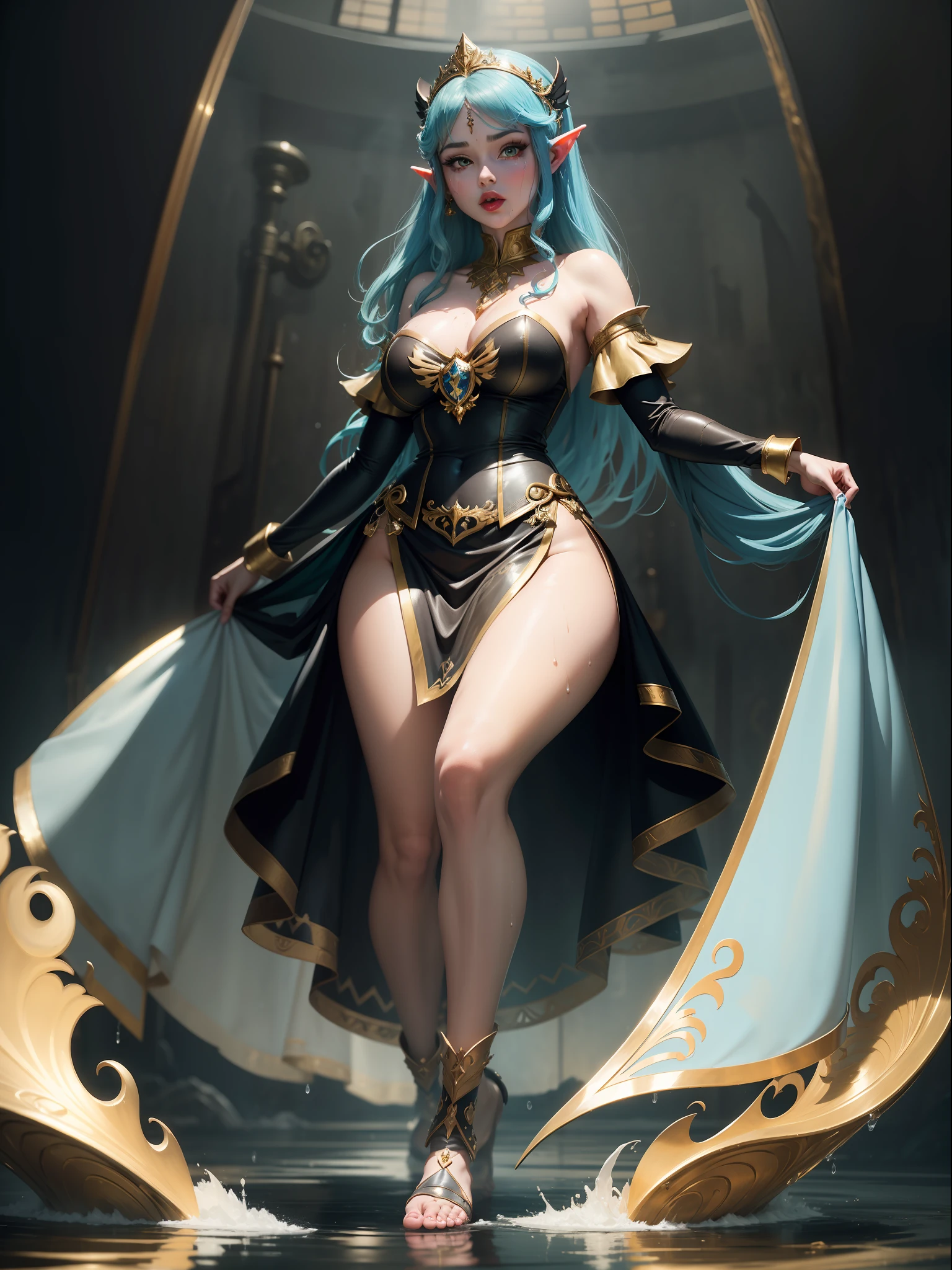 ((full body photo, with feet on the ground, front view)). Princess Zelda, ({large breasts, red cheeks, red lipstick on mouth, looking at viewer}), ({black with gold trim/maid outfit}), she is in a shower dripping water, clothes and hair soaked. Princess Zelda ({blue hair, green eyes}), anime, anime style, motion blur, 16k, high quality, super detail, textured skin, anatomically correct, masterpiece,  masterpiece, masterpiece, UHD, ccurate