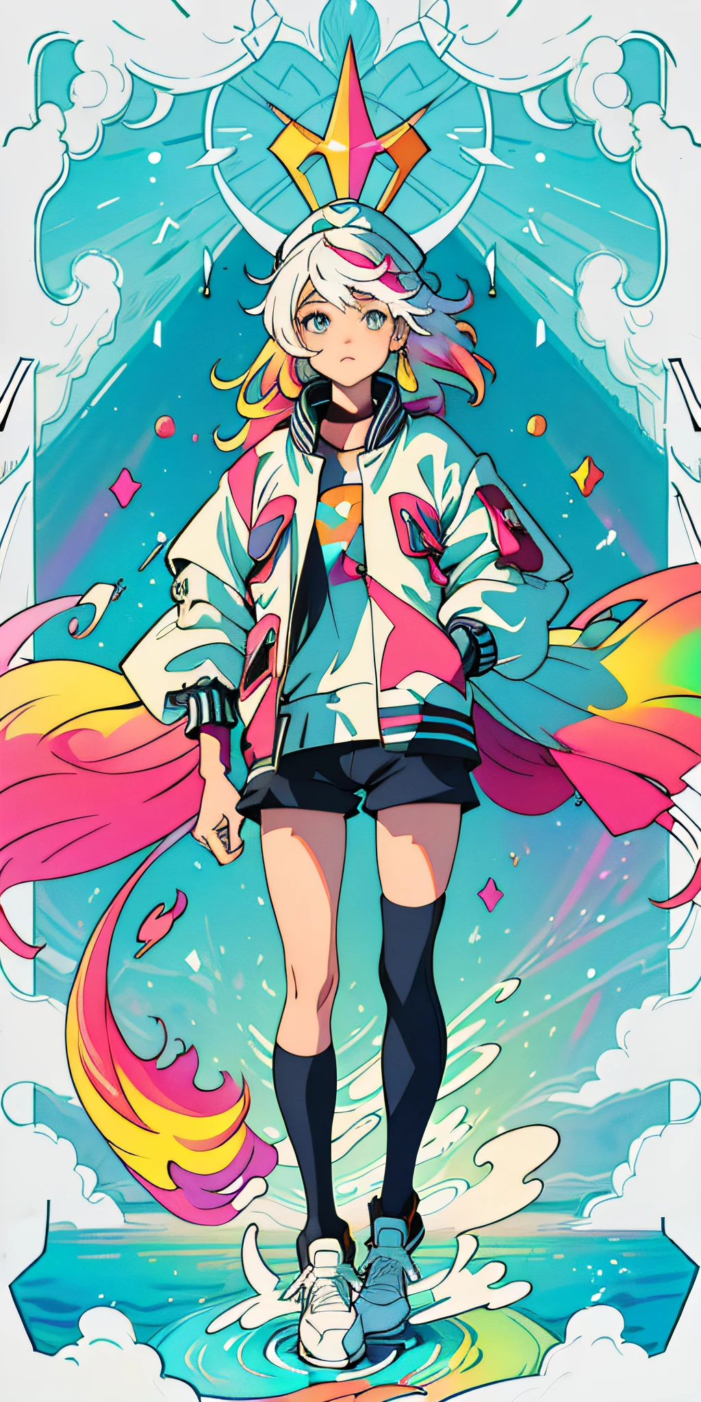 (1girl:1.6),Purple Hair,Wearing a hoodie and showing half my hair with a hat,medium long hair,White skin,delicate face,Delicate eyes,Shining pupil,Look at the camera,fisheye lens,Colorful,The background is irregular color,gradient color,Fantasy,Earrings,Blow Bubble Gum,A doubtful look,(all hands are put in the jacket pocket:1.7),Gem-like color,Jewel-like pupil,Thick coating,Magic background,Color Background,figure,Half-body photo,Masterpiece,ultra-detailed,1girl,solo female,thigh socks,psychedelic background,colour splash,intense shading,thick lines,dynamic pose,very long hair,multicolour hair,(Around the character as the center rotating colorful ripples:1.6),