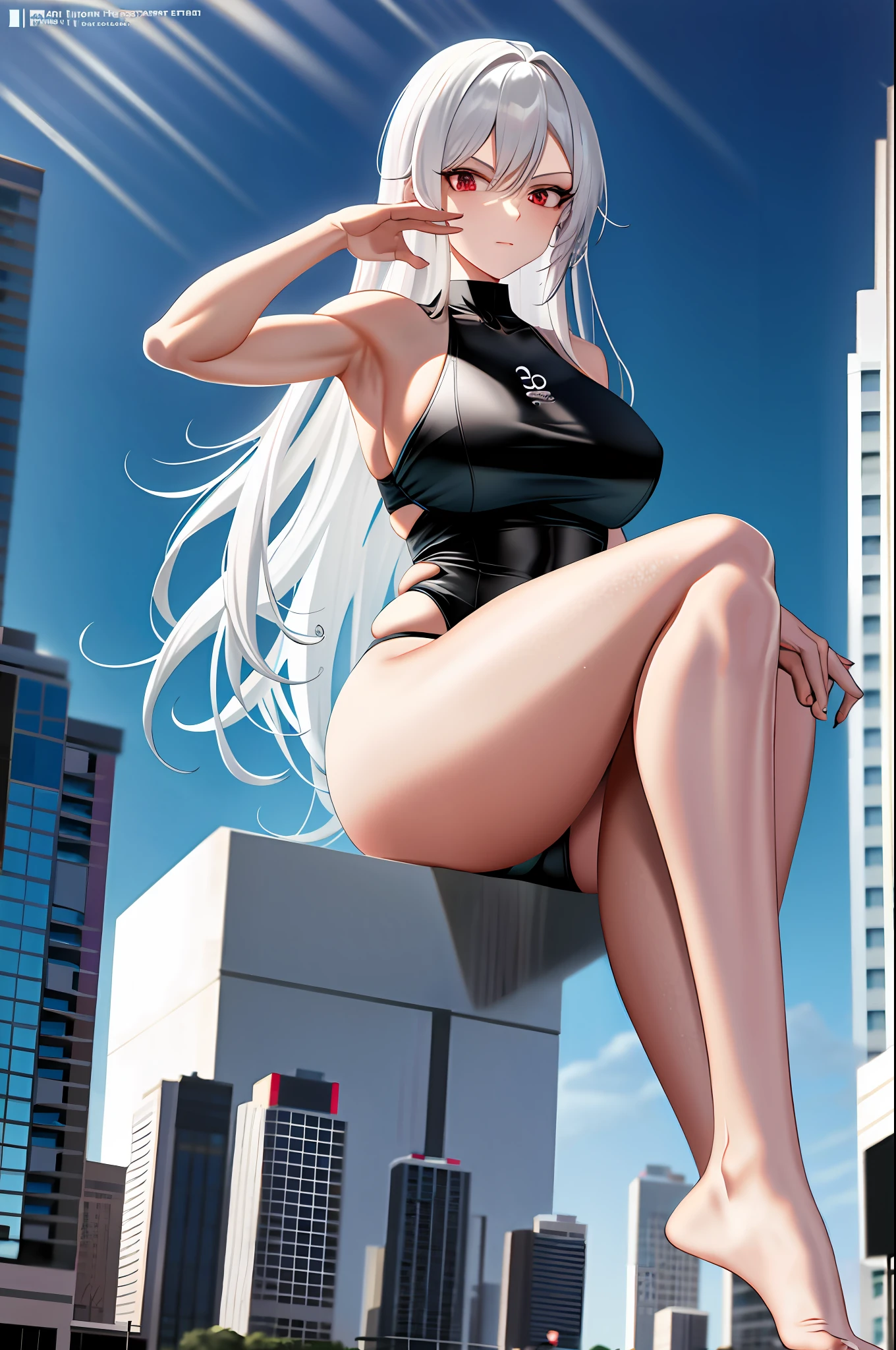 Giantess, fair, a 30-year-old girl, long hair, red eyes, bare legs, she is tall, she is very mature, white hair, she wears a black fitness bathing suit, her briefs are black, no shoes, sitting on the house, sticking out one foot, taller than the house, very strong, muscular, 300 meters tall, city, strong legs, big ass, bare legs, high quality, legs, soles of feet