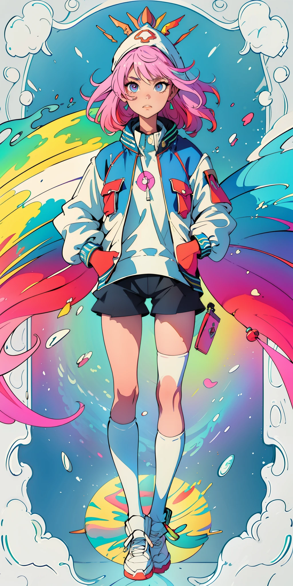 (1girl:1.6),Purple Hair,Wearing a hoodie and showing half my hair with a hat,medium long hair,White skin,delicate face,Delicate eyes,Shining pupil,Look at the camera,fisheye lens,Colorful,The background is irregular color,gradient color,Fantasy,Earrings,Blow Bubble Gum,A doubtful look,(all hands are put in the jacket pocket:1.7),Gem-like color,Jewel-like pupil,Thick coating,Magic background,Color Background,figure,Half-body photo,Masterpiece,ultra-detailed,1girl,solo female,thigh socks,psychedelic background,colour splash,intense shading,thick lines,dynamic pose,very long hair,multicolour hair,(Around the character as the center rotating colorful ripples:1.6),