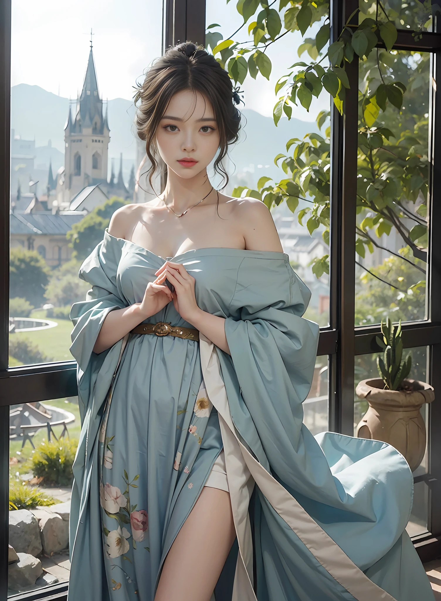 High quality, masterpiece, masterpiece, exquisite facial features, delicate hair, delicate eyes, delicate colored hair, 4K picture quality, brilliant light and shadow, Tyndall effect, halo, messy hair, youthful state, gorgeous scene, exquisite clothes, chains, feathers, big eyes of ancient Chinese beauty very detailed, digital painting, artstation, concept art, clear focus, illustration, (full body 1.3), greg rutkowski and alphonse mucha and victo ngai of art