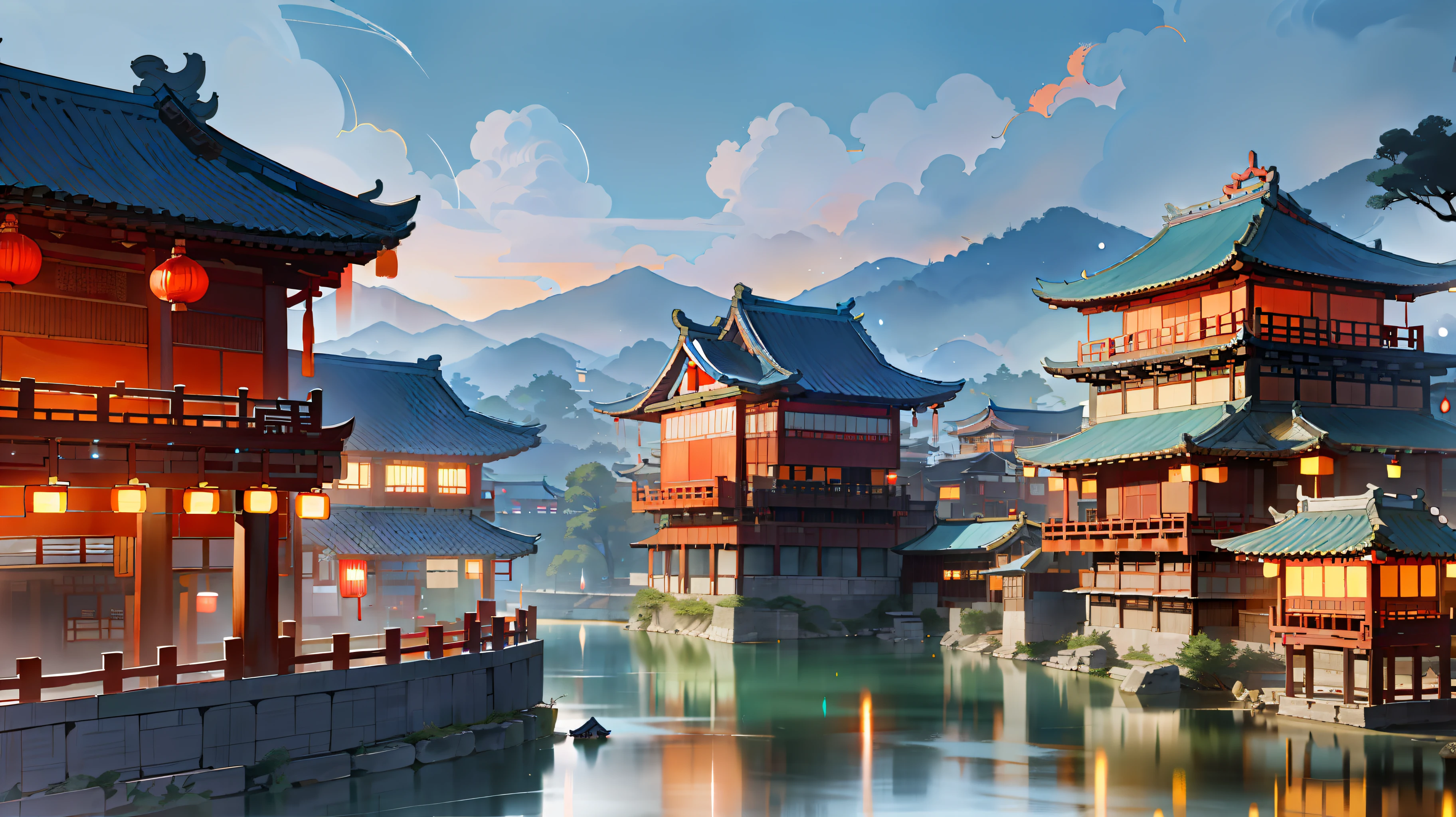 arafed view of a chinese village at night with a lot of lights, dreamy chinese town, ancient chinese architecture, cyberpunk chinese ancient castle, chinese architecture, japanese town, japanese city, chinese village, beautiful render of tang dynasty, japanese city at night, ancient japanese architecture, like jiufen, chinese style, andreas rocha style, japanese village