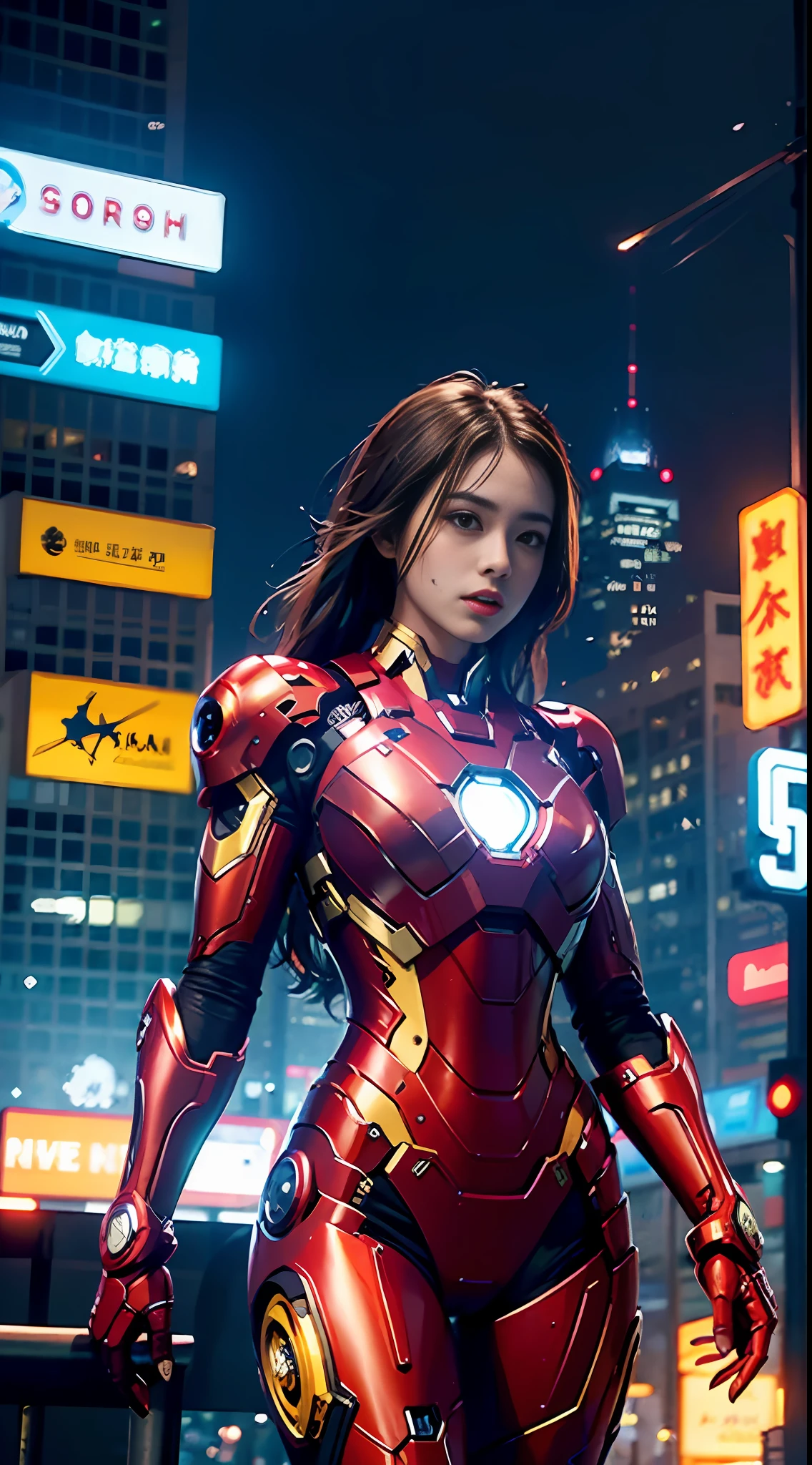 8k, realistic, attractive, highly detailed, a 20 year old girl a sexy and attractive woman inspired by Iron Man wearing a shiny Iron Man mech. She dresses with sexiness and confidence, perfectly interpreting Iron Man&#39;s strength and charisma. In a cyberpunk-style city night scene, a sexy and attractive woman takes Iron Man&#39;s cosplay as the theme. Wearing a shiny Iron Man mech, she stands on a street lined with tall buildings. The night lights of the city are bright, reflecting on her mecha, adding a sense of future technology. The surrounding buildings and streets are full of cyberpunk elements, such as neon lights, high-tech devices and futuristic architectural designs. The whole scene is full of futuristic and sci-fi atmosphere. This high-definition, high-quality picture will bring you stunning visual enjoyment, a perfect combination of sexy, futuristic and sci-fi elements. oc rendering, dramatic lighting, award winning quality