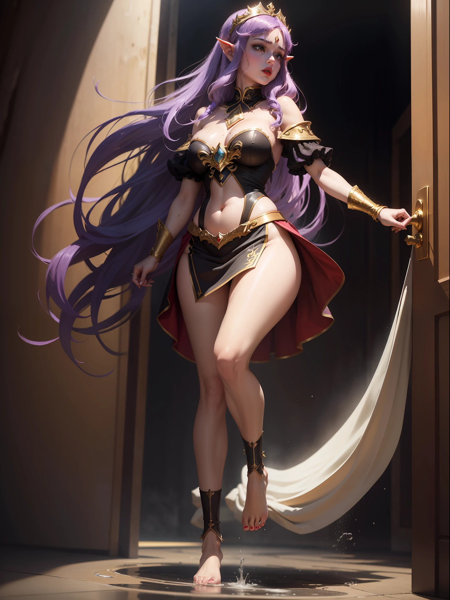 ((full-body photo, feet on the ground, front view)). Princess Zelda, ({big breasts, red cheeks, red lipstick on her mouth, looking at the viewer}), ({black with gold trim/maid's outfit}), she's in a shower dripping with water, clothes and soaked hair. Princess Zelda {purple hair, green eyes}, anime, anime style, motion blur, 16k, high quality, super detail, textured skin, anatomically correct, masterpiece, masterpiece, masterpiece, UHD, ccurate