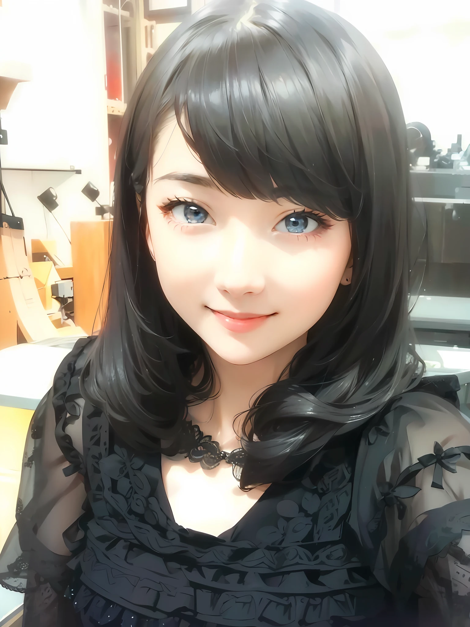 Masterpiece, Best Quality, 8K, Bust Portrait of a Girl, Perfect Composition, HDR, Intricate, Cinematic Look, Ultra Detailed, Black Gauze, Cute, Playful, Smiling