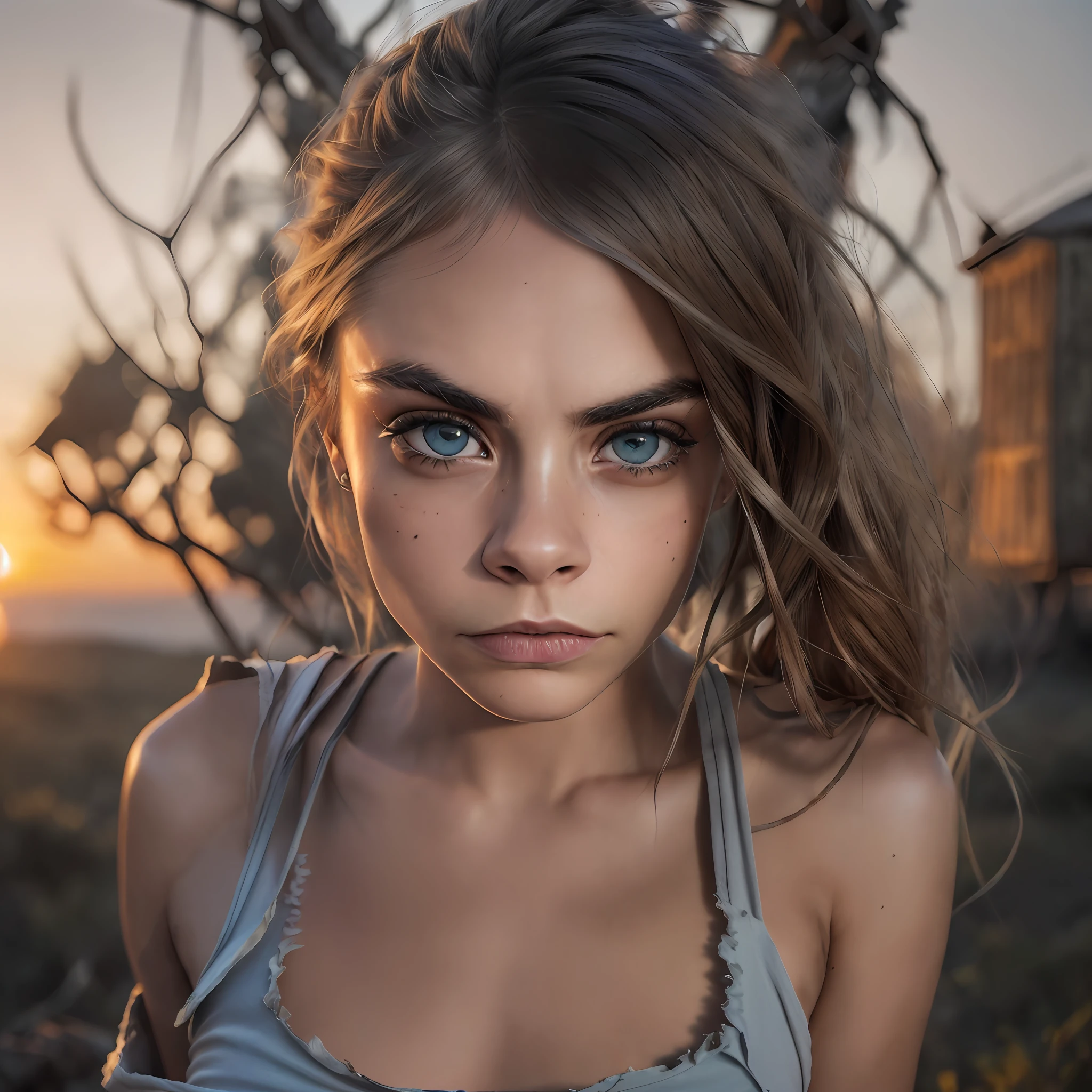 (Cara Delevingne:1,8),(Hyperreal photo), ((wearing sexy worn, ripped cotton tank top)), ((detailed realistic face and eyes)), cinematic lighting, 8K resolution, (model shooting style), sunset, (from_below:1.4), soft small, covered by (torn, torn cotton tank top), round breasts, wilderness --auto --s2