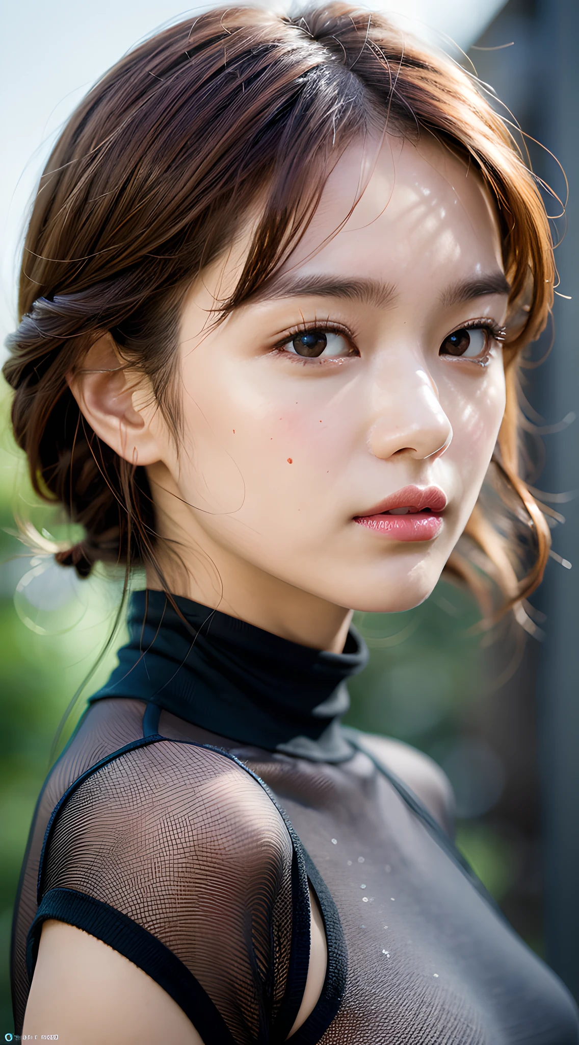 masterpiece, 8k, best quality, official art, raw photo, absurdres, pretty girl, beautiful face, upper body, side shot, crop top, street, no makeup, slightly smile, korean, slender, depth of field, facelight, cinematic light, film grain, chromatic aberration, sharp focus, highres, realistic, photography, photorealistic, ultra detail, detailed skin and eyes and face, small face