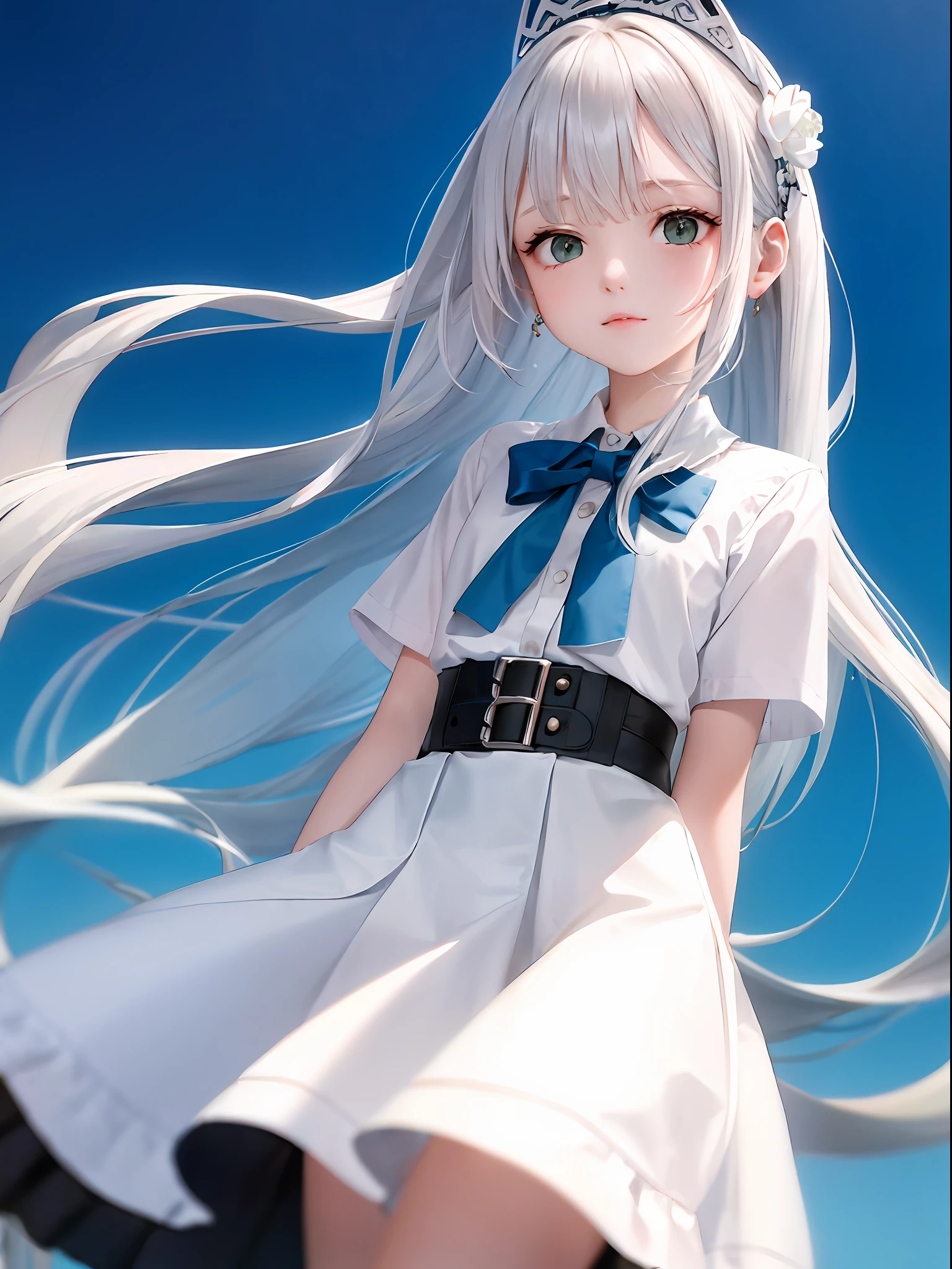 1girl, (masterpiece:1.1), (best quality:1.1), (white blouse:1.1), (plaid skirt:1.1), school uniform, high waist skirt, BREAK [blue:pink:0.5] theme, (gradient background:1.1 ), cowboy shot, BREAK silver hair, long hair,, green eyes, delicate headgear, looking sideways,
