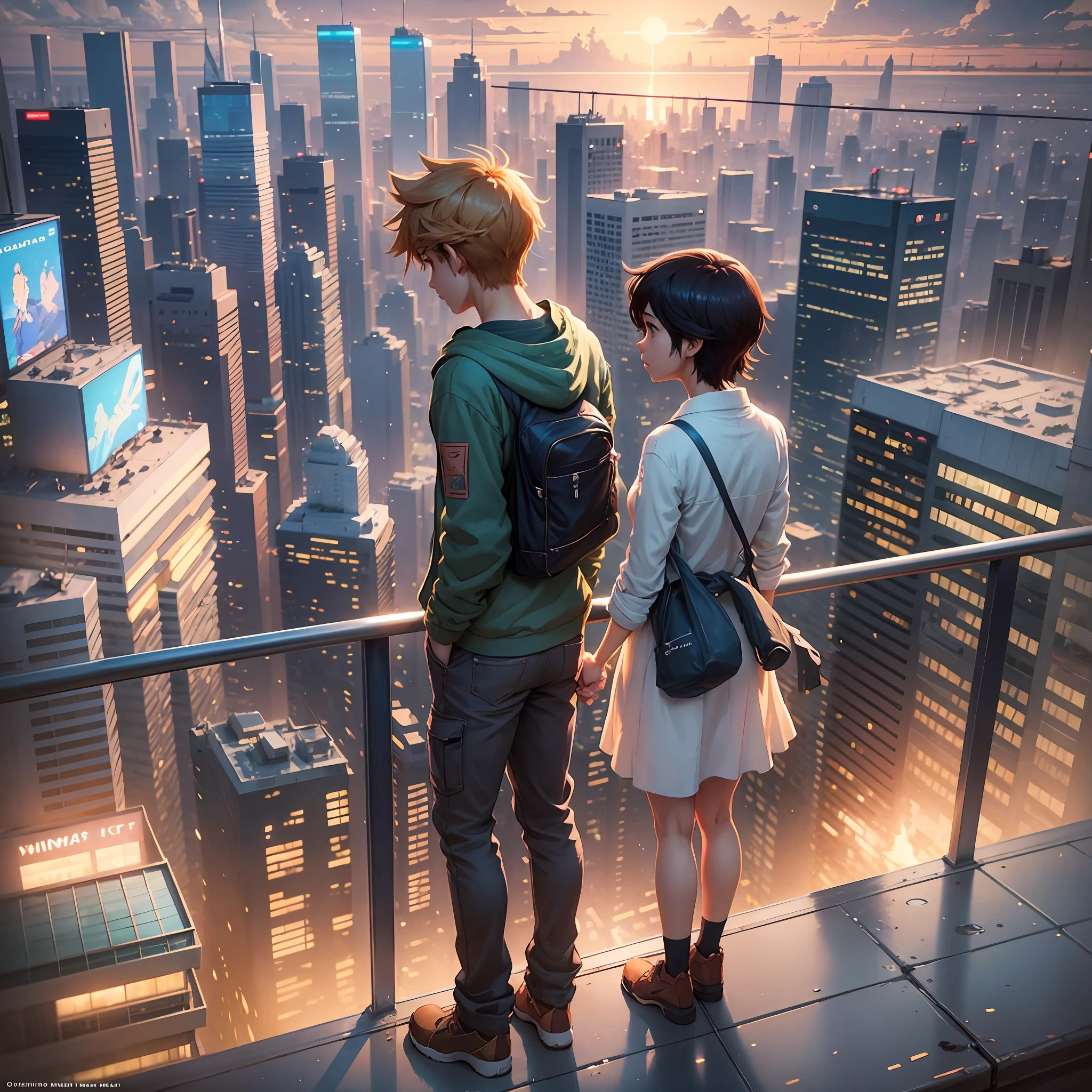 anime characters standing on a balcony overlooking a city, your name, kimi no na wa, your name movie style, ross tran and makoto shinkai, makoto shinkai movie, sakimichan and makoto shinkai, makoto shinkai and bioware, makoto shinkai. —h 2160, fiona staples and makoto shinkai --auto --s2