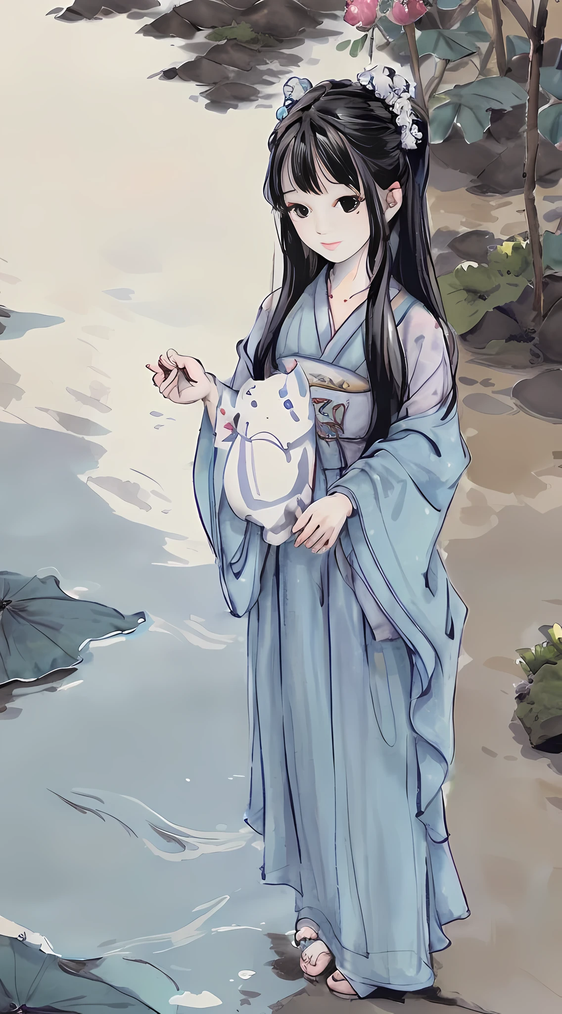 ((4k,masterpiece,best quality)), shuimobysim, traditional chinese ink painting, lotus, hanfu, maxiskit, dress conservatively 1girl, solo, long blue hair, smile, standing, feet in the water, barefoot,