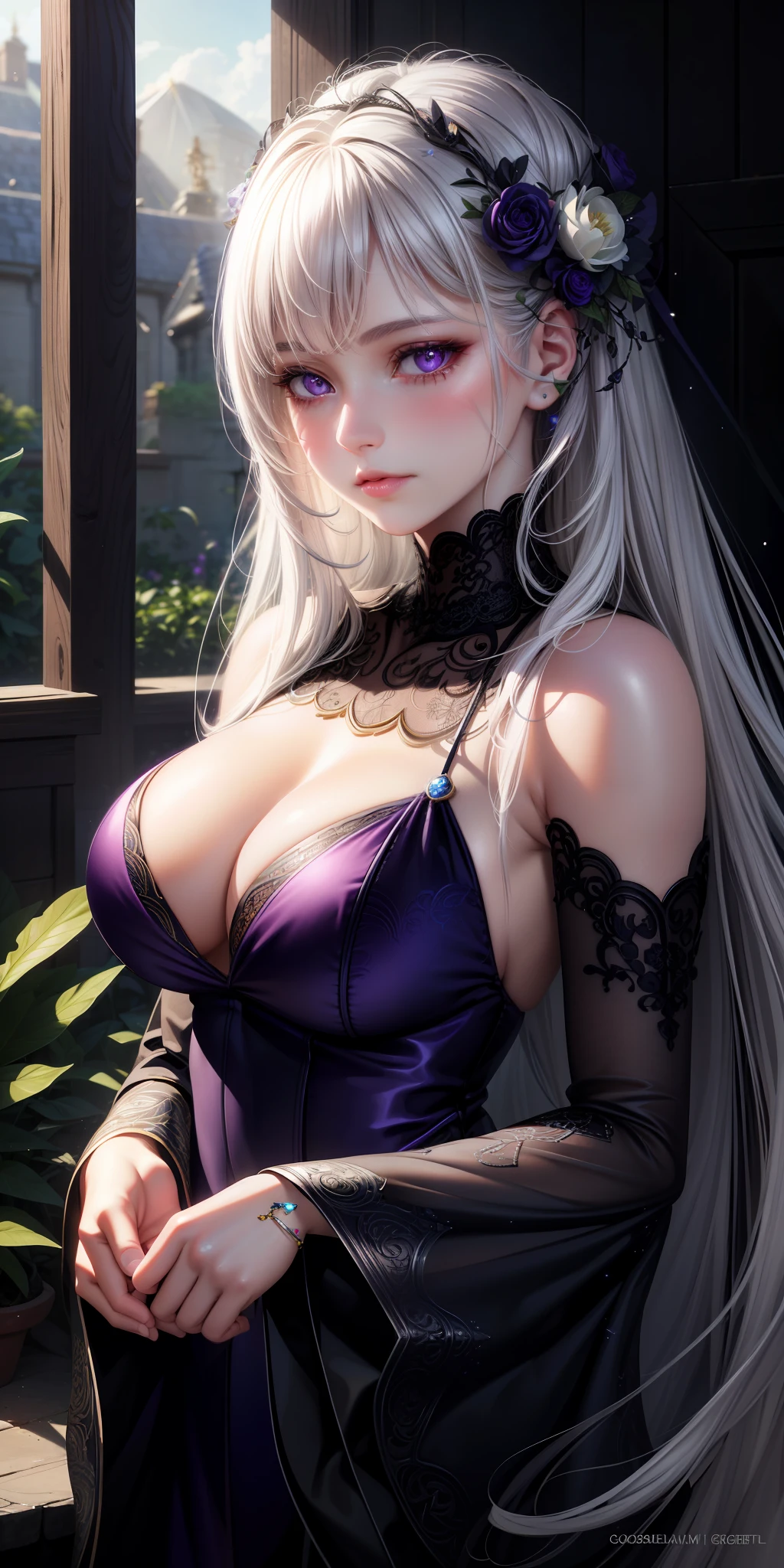 (realistic CG art, best quality, high resolution, stunningly detailed, best illumination), 1girl, white hair, purple eyes, glowing eyes, lips slightly parted, delicate blush, midnight, flowers, sunlight peeking through, gentle sunlight rays.