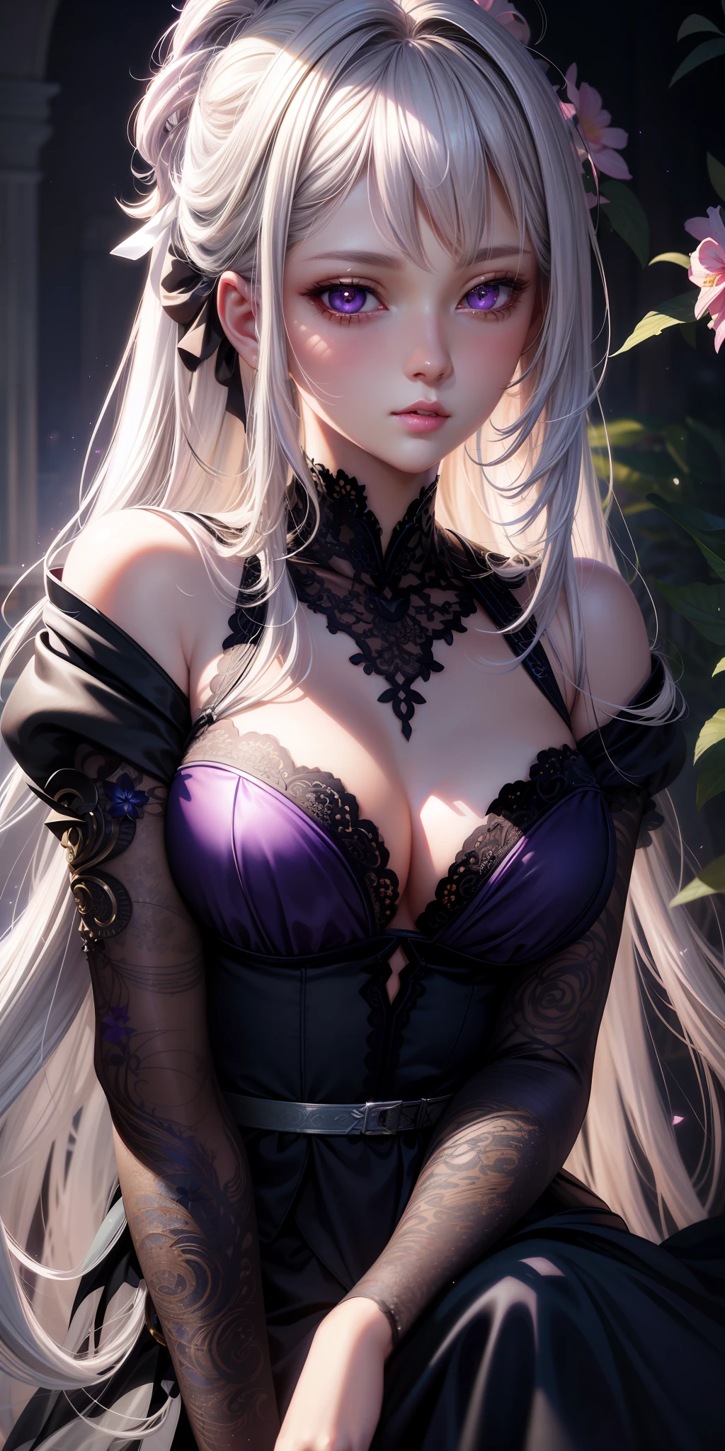 (realistic CG art, best quality, high resolution, stunningly detailed, best illumination), 1girl, white hair, purple eyes, glowing eyes, lips slightly parted, delicate blush, midnight, flowers, sunlight peeking through, gentle sunlight rays.