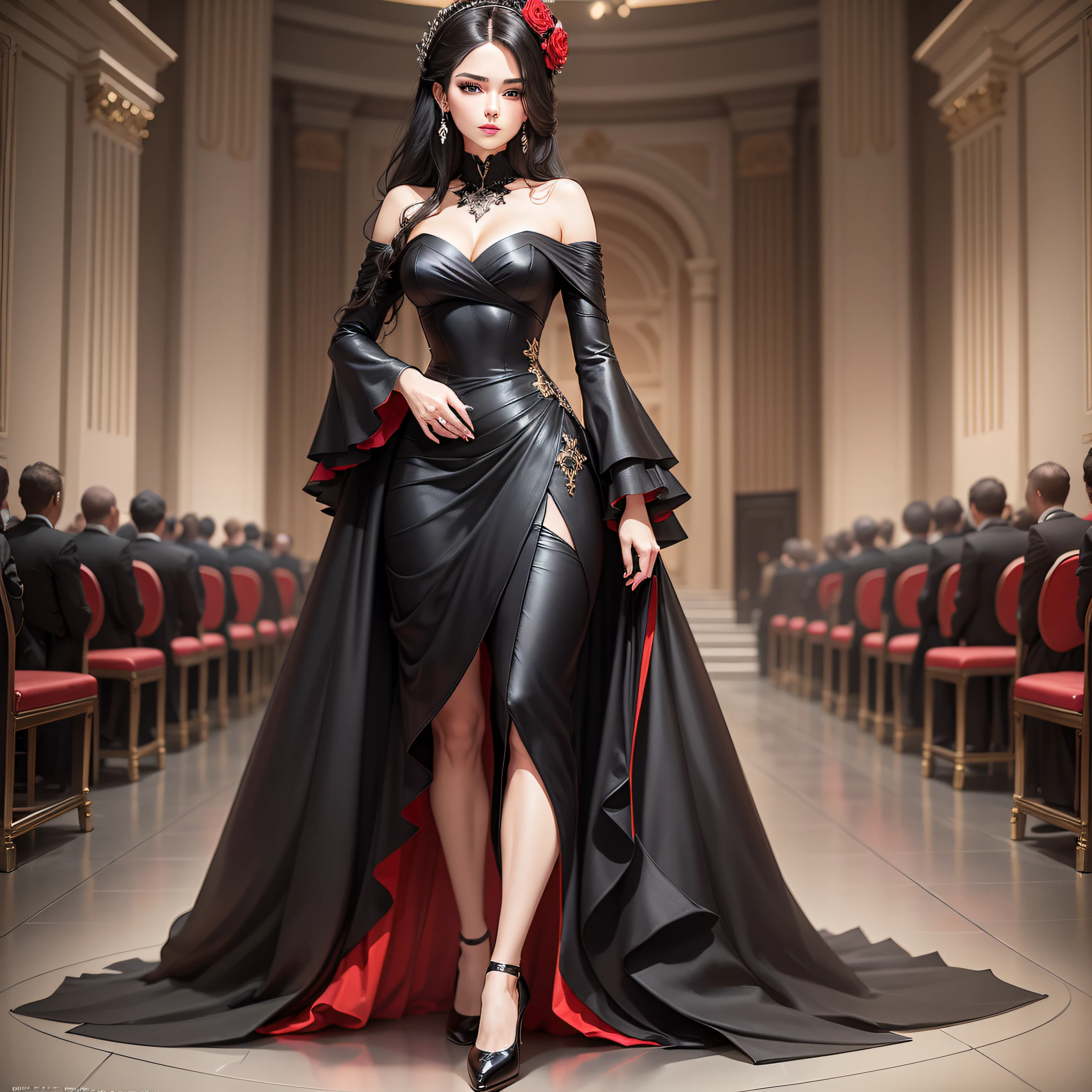 Inverted triangle
Clothes: Black dress, red high heels
Background: Concert Hall
Description: This royal sister beauty has an inverted triangle face, deep eyes and elegant temperament, which makes her look very attractive. She wore a black dress and red high heels to show her femininity and confidence. Her light makeup makes her look more elegant and glamorous. The background is a concert hall, which makes her look more artistic and charming. --auto --s2