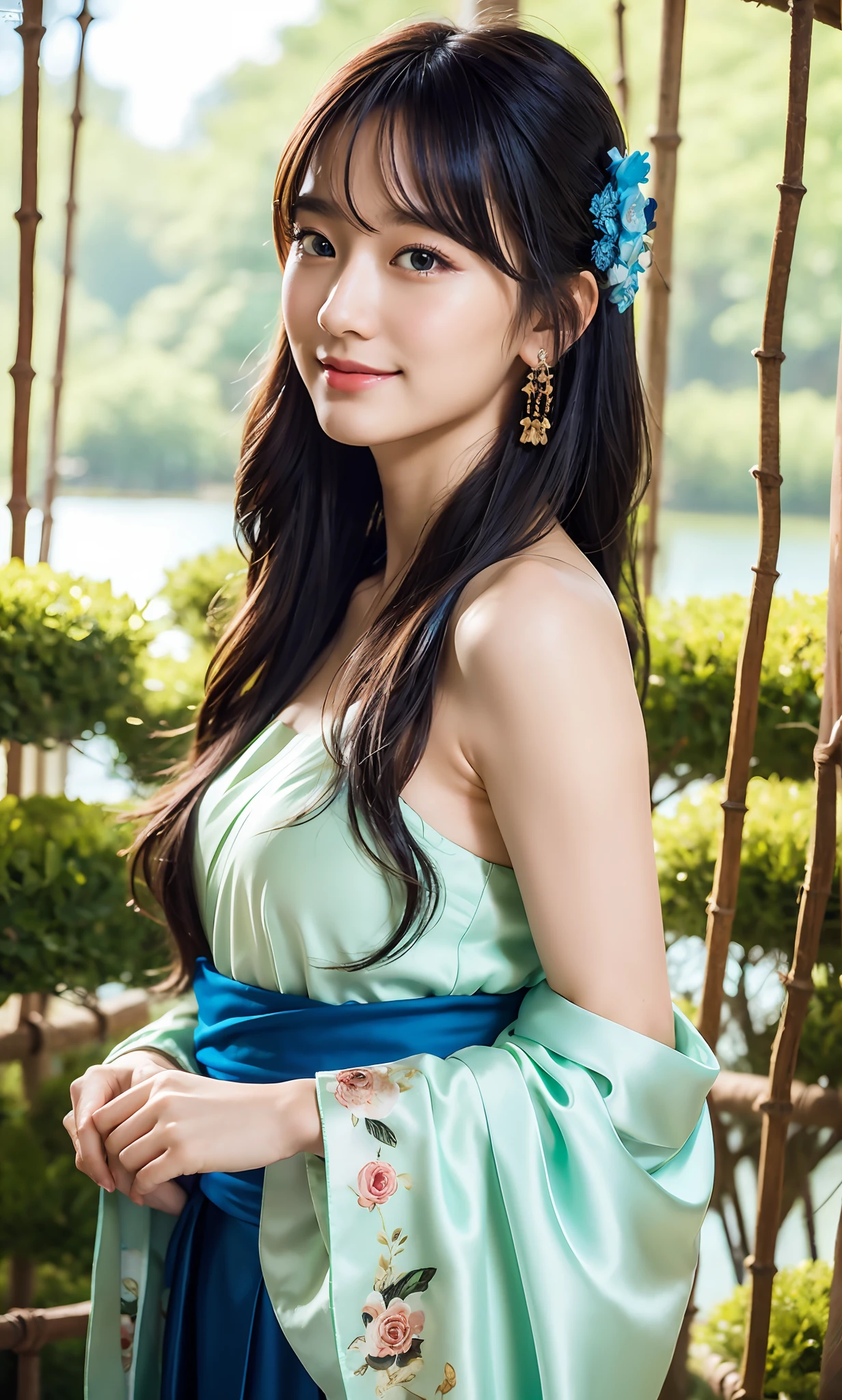 Masterpiece, top quality, official art, 8k wallpaper, highly detailed illustration, one girl, azure hair, long hair, detailed eyes, forest, bare shoulders, Hanfu, lake, pure, soft smile, bamboo, tea