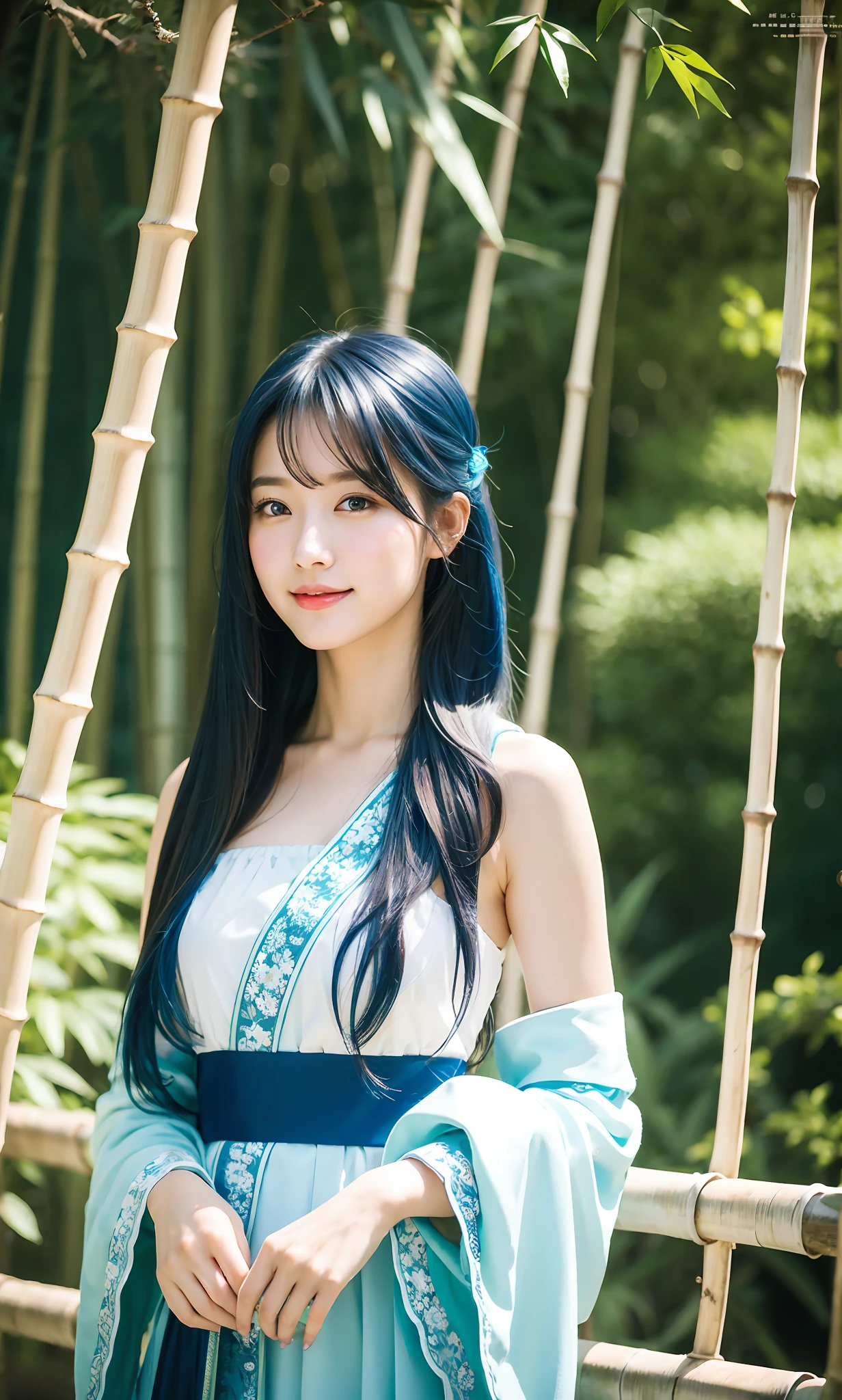 Masterpiece, top quality, official art, 8k wallpaper, highly detailed illustration, one girl, azure hair, long hair, detailed eyes, forest, bare shoulders, Hanfu, lake, pure, soft smile, bamboo, tea