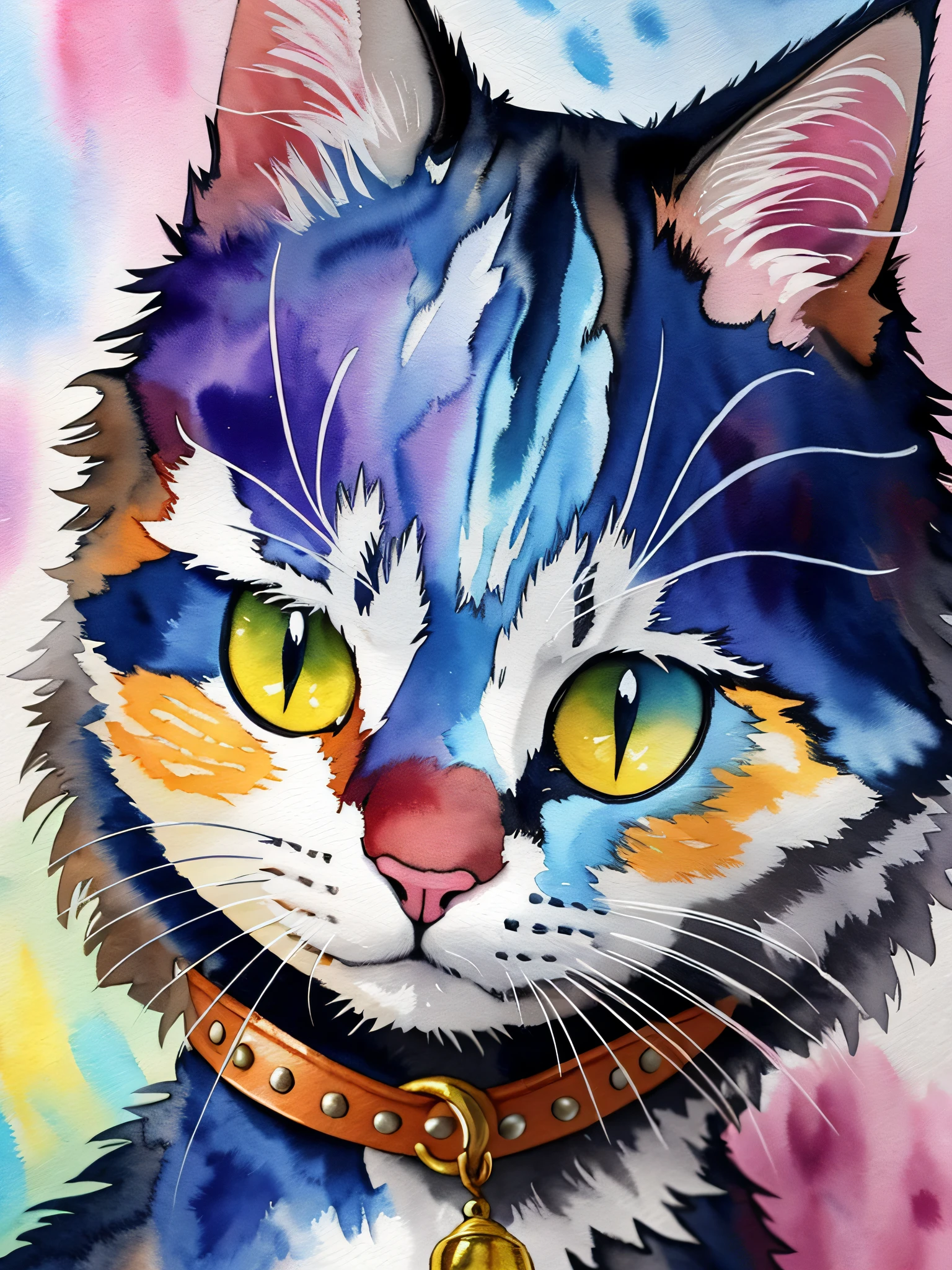 painting of a cat with a collar and a bell on a colorful background, painted in bright water colors, cat detailed, portrait of a lisa frank, detailed painting 4 k, cat portrait, painting of a cat, cat portrait painting, vibrant watercolor painting, a painting of a cat, in a painting of a cat, watercolor detailed art, cat. digital painting