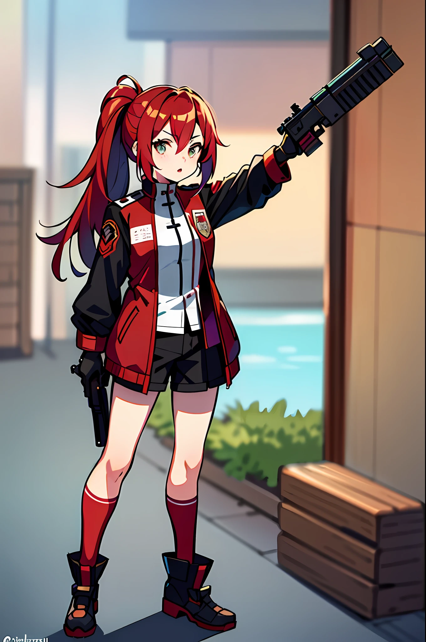 masterpiece,(best quality),anime girl in a red and white uniform with a gun, cushart krenz, female protagonist 👀 :8, cushart kenz, female magical anime. Girl guilty gear art style, sakura kinomoto, anime style character, anime character design, female anime character, katana zero video game character, sakura haruno, fullbody, ponytail( ( character concept art ) )