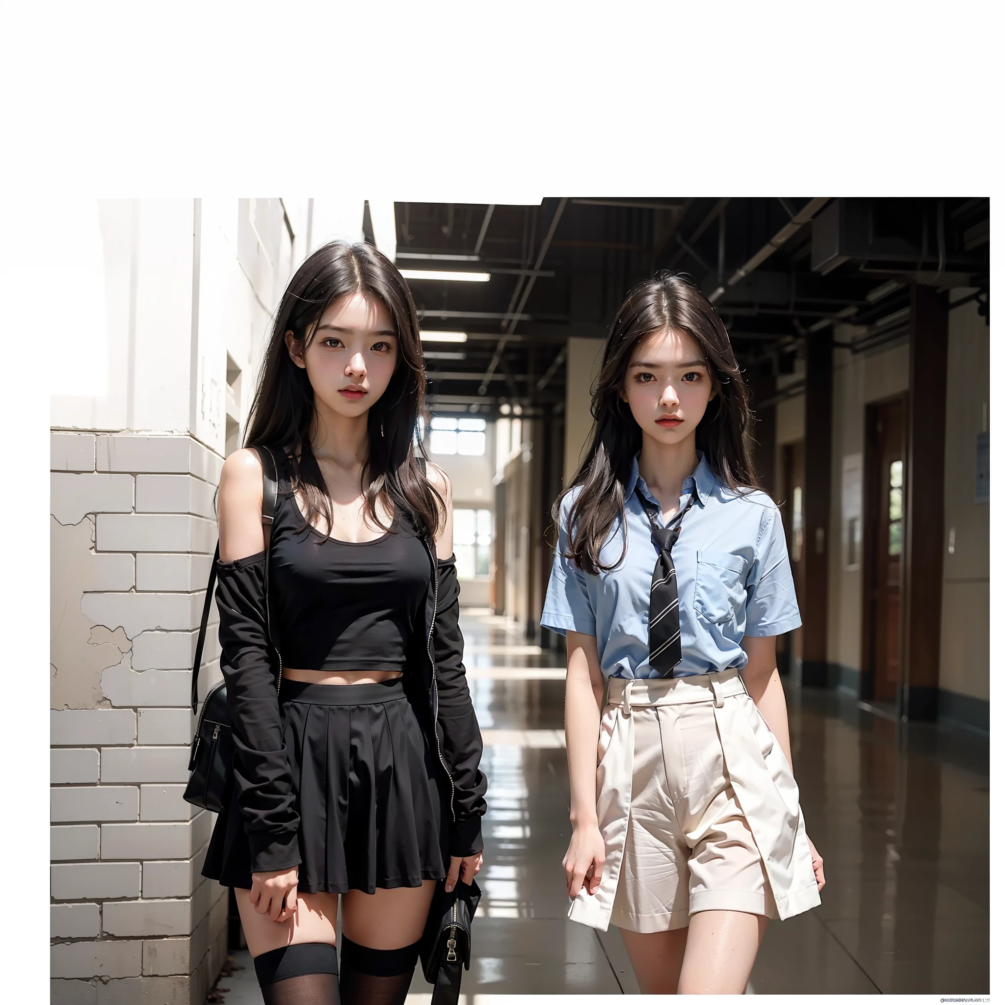 Best quality, masterpiece, ultra high resolution, (photorealistic: 1.4), raw photo, dramatic lighting, school background, school background, hallway